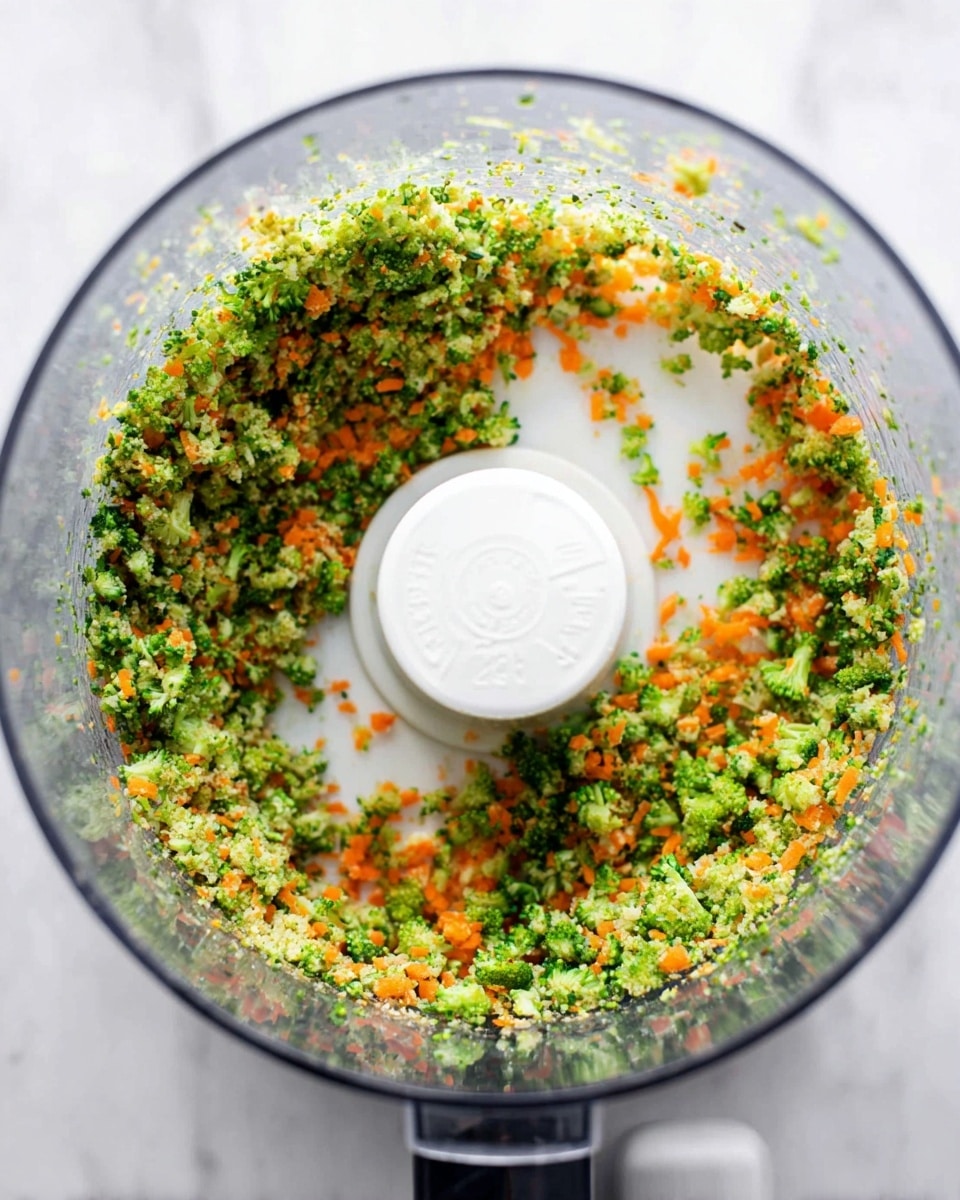 The image shows the inside of a clear food processor bowl filled with finely chopped vegetables. The mix mainly contains small green bits, likely broccoli, with scattered small orange pieces that resemble carrots. The chopped vegetables cling mostly around the sides and bottom of the bowl, surrounding a white central blade piece. The bowl sits on a white marbled surface visible through the clear plastic. Photo taken with an iphone --ar 4:5 --v 7