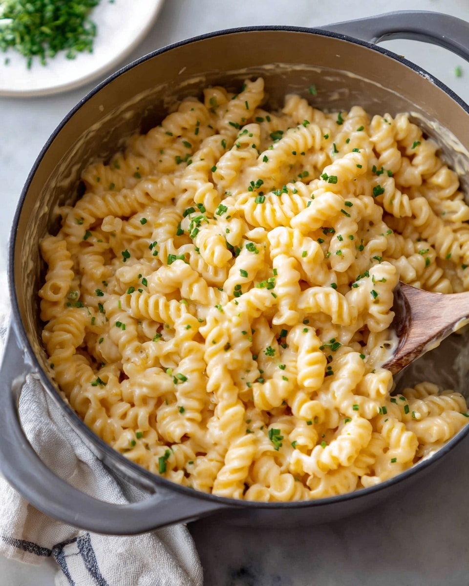 A close-up view of a gray pot filled with creamy, light yellow macaroni pasta spirals, topped with small bits of green chopped chives scattered evenly across the dish. The pasta has a smooth, cheesy texture that covers each spiral evenly. A wooden spoon rests inside the pot on the right side, partially submerged in the macaroni. The pot is set on a white marbled textured surface with a folded cloth napkin partly visible on the bottom left. In the background, a white plate with a few green herbs can be seen blurred. Photo taken with an iphone --ar 4:5 --v 7