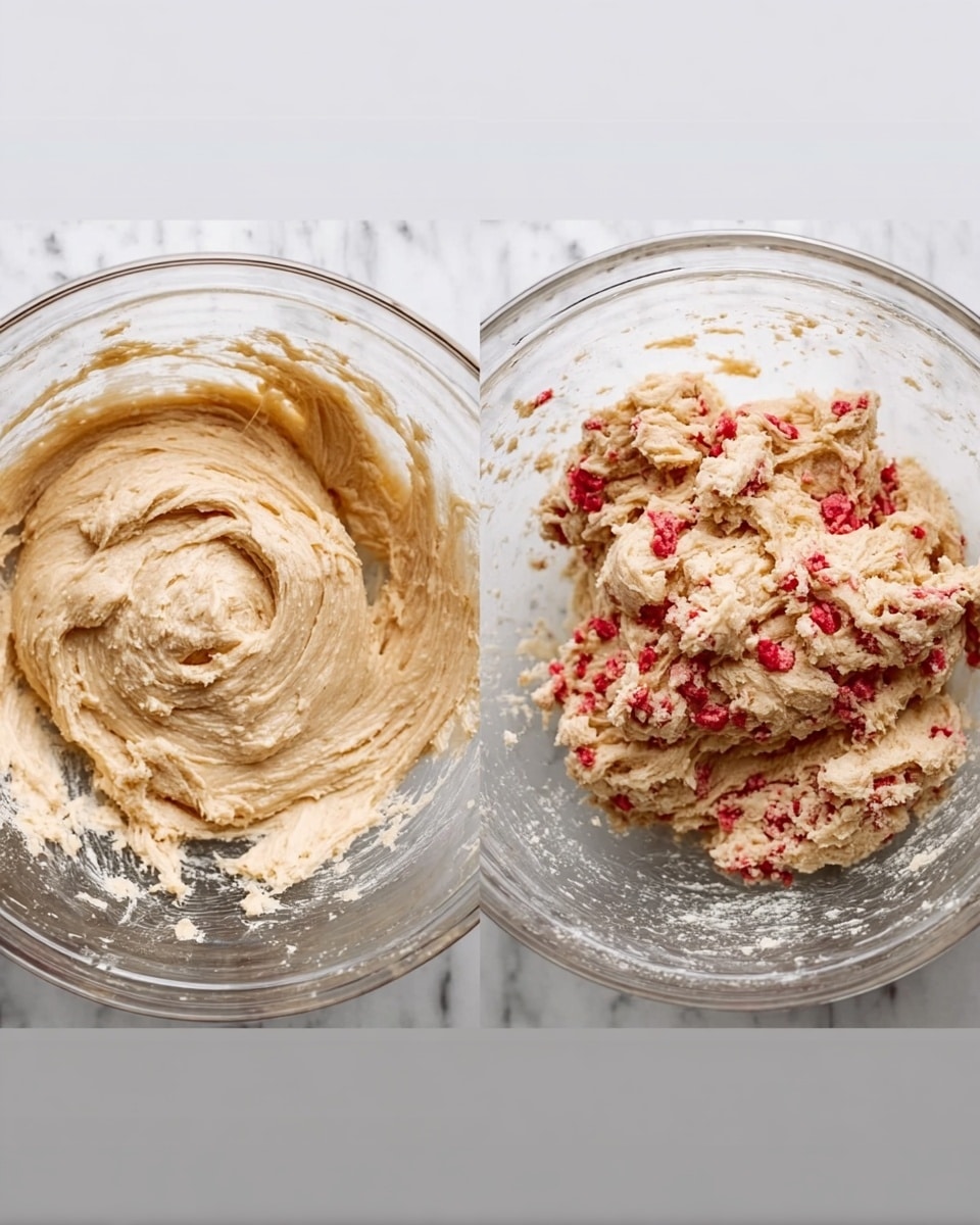 Two images side by side show stages of making dough in clear glass bowls on a white marbled surface. The left bowl contains smooth, light beige dough with soft swirls and a creamy texture. The right bowl holds the dough mixed with small bright red pieces and light beige chunks, giving a rough and crumbly look. Both bowls have rough edges with dough stuck on the sides. photo taken with an iphone --ar 4:5 --v 7