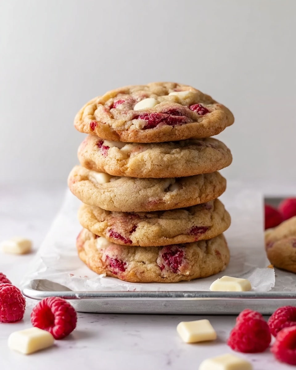 A stack of five thick, soft cookies sits centered on a piece of white parchment paper atop a silver tray on a white marbled surface. Each cookie is golden brown with visible swirls and chunks of red raspberries and white chocolate showing through the textured surface. Around the tray, scattered pieces of raspberries and white chocolate chunks add pops of red and cream colors. The background is simple and clean with a plain light tone, highlighting the cookies' warm, inviting colors. Photo taken with an iphone --ar 4:5 --v 7