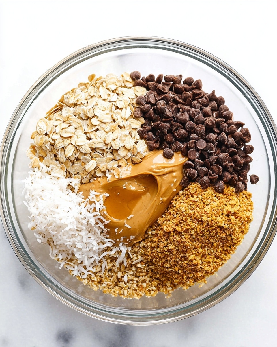 A clear glass bowl holds six separate layers of ingredients placed side by side without mixing. At the top left, there is a pile of dark brown chocolate chips, next to it is a heap of light beige oats. Below the oats, there is a smooth, thick dollop of light brown peanut butter. To the left of the peanut butter, there is a finely ground golden-brown flaxseed layer. Above that, a small amount of syrup pools between the layers, catching light to show its sticky texture. At the bottom left, there is a fluffy pile of shredded white coconut with a slightly toasted look. The bowl sits on a white marbled surface, photo taken with an iphone --ar 4:5 --v 7
