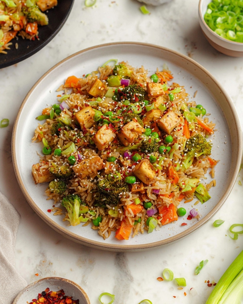 A round white plate holds a serving of fried rice with two main layers: the base layer is light brown cooked rice mixed with small green peas and orange diced carrots; the second layer has scattered chunks of light beige tofu, small green broccoli florets, finely chopped purple onions, and green onion slices, all mixed together. The dish is sprinkled with white sesame seeds and red chili flakes for texture and color contrast. The plate is on a white marbled surface with small green onion pieces around it and a bowl of green onions nearby. Photo taken with an iphone --ar 4:5 --v 7