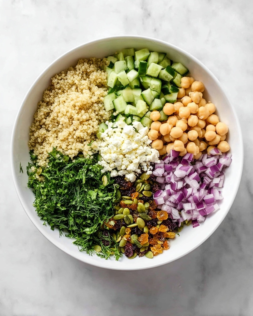 A white bowl sits on a white marbled surface, filled with a colorful layered salad arranged in neat sections. Starting from the top left, there is a light tan layer of fluffy quinoa, next to bright green diced cucumber chunks on the top right. Below the cucumber are small pieces of purple-red chopped onion. The largest section on the right side is filled with light beige chickpeas. In the center is a small pile of crumbled white cheese. On the bottom left, there are dark to medium green layers of fresh herbs including parsley and dill, interspersed with orange-brown raisins and some green pumpkin seeds. Each ingredient layer is clearly separated, forming a visually neat, fresh, and healthy dish. Photo taken with an iphone --ar 4:5 --v 7