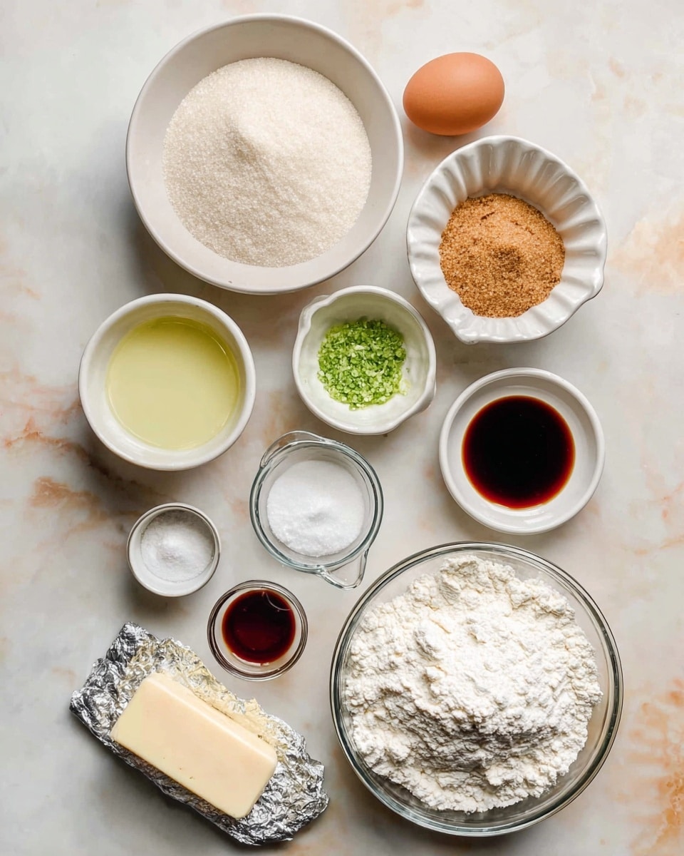 The image shows various baking ingredients placed neatly on a white marbled surface. There are nine separate containers: a large white bowl filled with granulated sugar, a smaller white bowl holding brown sugar with some scooped out, a fluted white cup with a single brown egg, a white bowl with vegetable oil, a small white bowl with finely grated green zest, another small white bowl with dark vanilla extract, a tiny white bowl with salt and baking powder, a clear measuring cup filled with powdered sugar, and a clear glass bowl with a heap of white flour. A stick of butter is placed on opened silver foil beside the bowls. The arrangement creates a clean and organized look, with a soft natural light enhancing the textures and colors. photo taken with an iphone --ar 4:5 --v 7