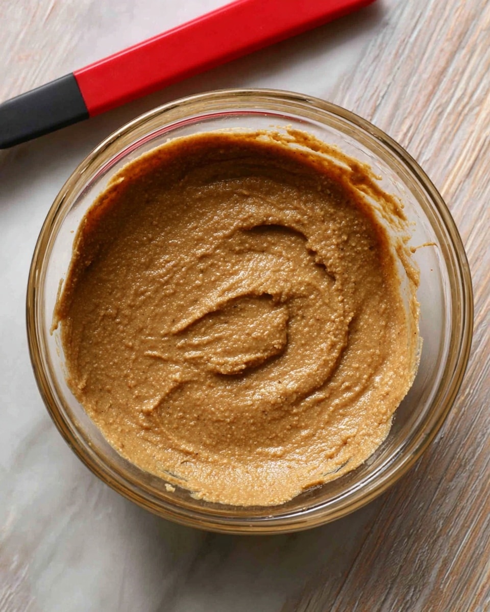 A clear glass bowl filled with a smooth, light brown paste that has a slightly grainy texture, spread evenly inside the bowl with some visible swirls and ridges on the surface. The bowl is placed on a white marbled surface, and next to it is a red-handled utensil resting on the surface. The image is close-up, showing the details of the paste and the bowl. photo taken with an iphone --ar 4:5 --v 7