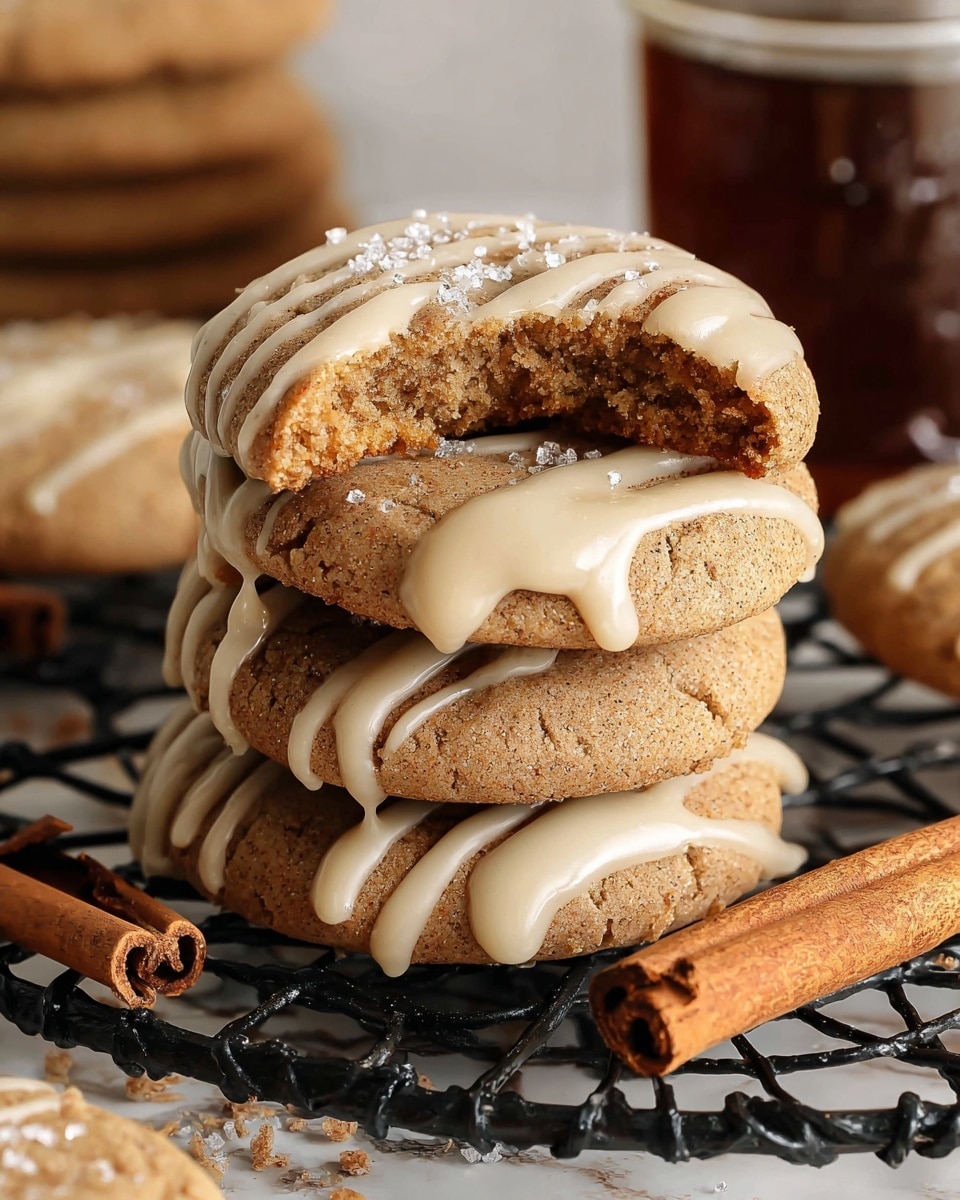 A stack of three soft brown cookies with a textured surface sits on a black wire rack, with the top cookie having a bite taken to show the soft inside. Each cookie has drizzles of pale cream-colored icing across the top, with some icing dripping down the sides. The cookies are sprinkled lightly with sugar crystals that add sparkle. Next to the cookies is a cinnamon stick that is medium brown with visible wood grain. In the blurred background, there is part of a clear glass jar with dark syrup inside and some more stacked cookies. The whole setup is on a white marbled surface. photo taken with an iphone --ar 4:5 --v 7