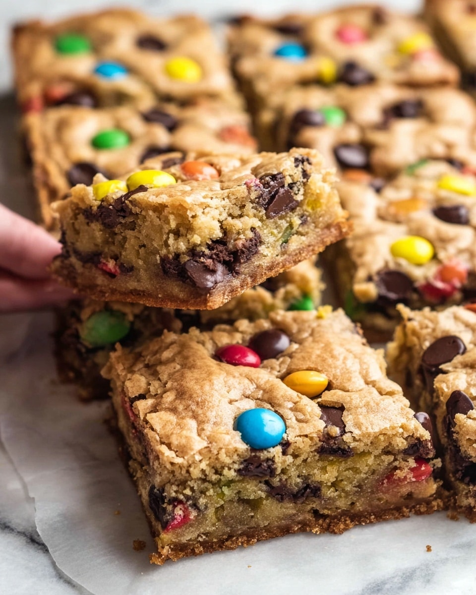 The image shows a close-up of a batch of thick, square cookie bars placed on a white marbled surface. The bars have two visible layers: a golden brown baked crust base with a soft, moist middle layer full of chocolate chips and colorful candy-coated chocolates scattered throughout. The top layer is slightly cracked with a textured, crumbly surface, embedded with more chocolate chips and bright yellow candies. One bar is held above the rest by a woman's hand, showing the side profile with the chewy interior and colorful bits clearly visible. Photo taken with an iphone --ar 4:5 --v 7