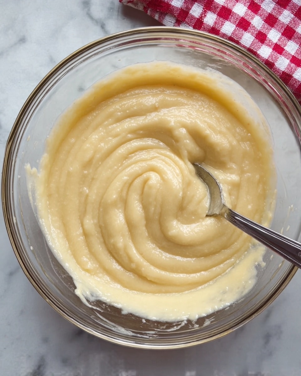 The image shows a clear glass bowl filled with a thick pale yellow batter that looks smooth and creamy. A silver spoon rests inside the bowl, partially covered by the batter, swirling in a spiral pattern. The bowl is sitting on a white marbled surface with a red and white checkered cloth slightly visible in the top right corner. Photo taken with an iphone --ar 4:5 --v 7