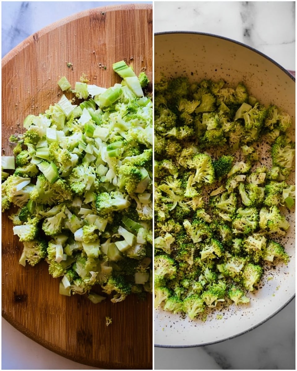 The image shows two side-by-side photos. On the left, there is a round wooden cutting board filled with small, unevenly chopped green broccoli pieces with some white stem parts visible, spread all over the surface. On the right, the broccoli pieces are placed inside a white deep pan with some black pepper sprinkled on top, showing the broccoli arranged in a loose layer, with the pan’s light interior clearly visible beneath and around the vegetables. The background for both is a white marbled surface. photo taken with an iphone --ar 4:5 --v 7