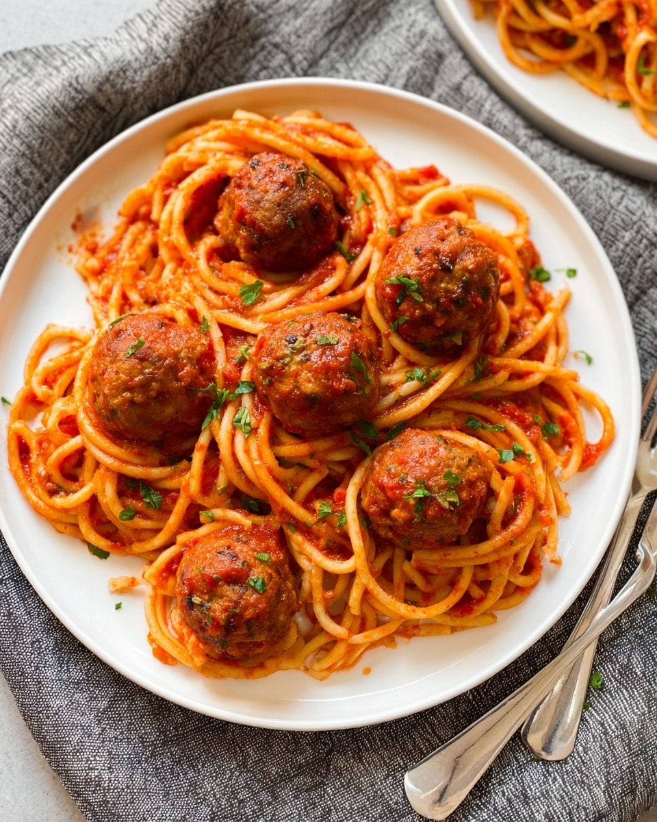 A white plate filled with a base layer of spaghetti noodles mixed with bright red tomato sauce, twisted and coiled across the plate. On top of this nest of spaghetti are six large, round meatballs, browned and coated with sauce. Small green herb pieces are sprinkled lightly over the meatballs and spaghetti, adding touches of color. The plate rests on a textured gray cloth, with a silver fork and knife nearby. The overall look is warm, hearty, and inviting. photo taken with an iphone --ar 4:5 --v 7