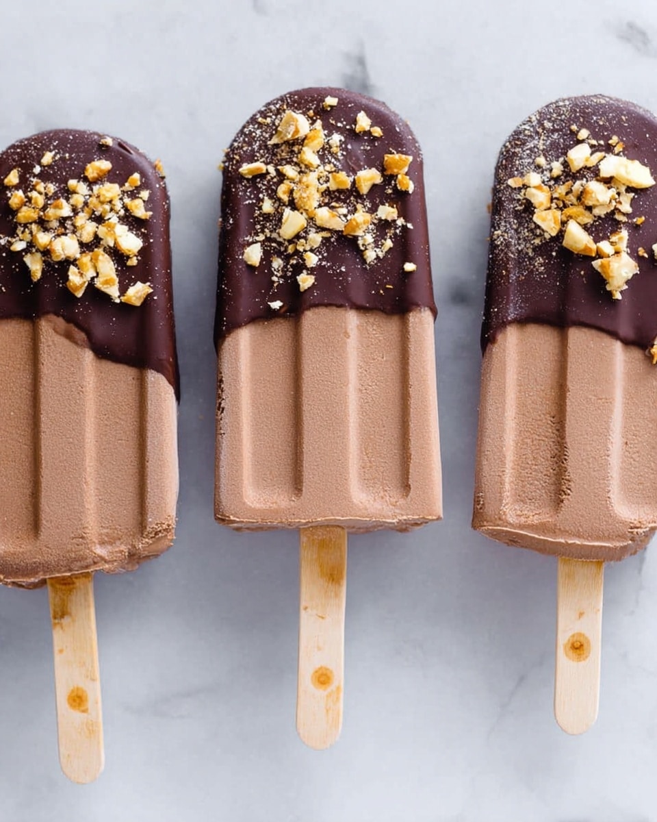 Three chocolate popsicles are shown lying side by side on a white marbled surface. Each popsicle has one main layer of smooth, light brown chocolate ice cream. The tops of the popsicles are dipped in a shiny dark chocolate layer that covers about a third of their height. This dark chocolate layer is sprinkled with small pieces of crushed nuts, adding texture and a yellowish-brown color contrast. The popsicles have wooden sticks showing at the bottom, with light brown spots on the sticks. The photo is taken with an iphone --ar 4:5 --v 7