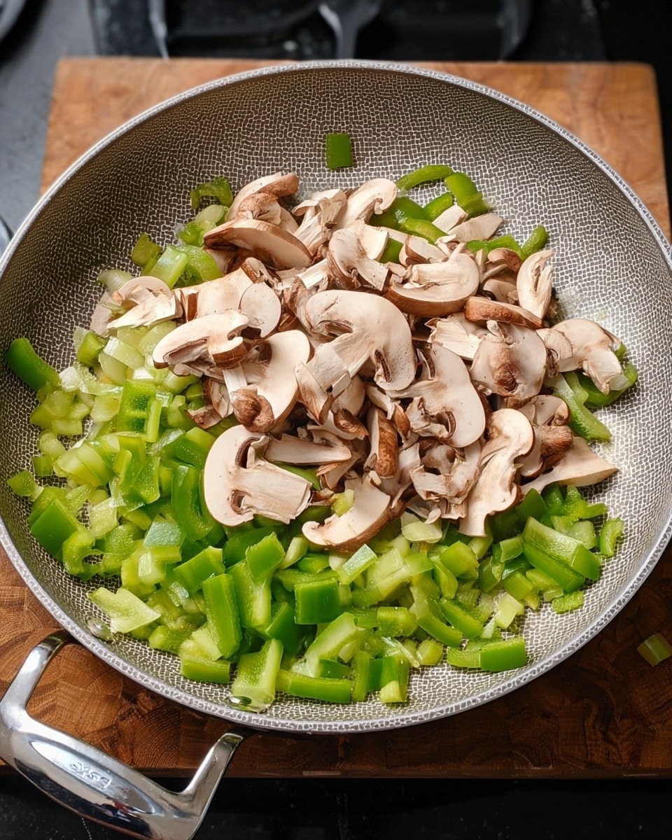 A round silver pan with a textured cooking surface sits on a black stove top with a wooden cutting board background. Inside the pan, chopped green bell peppers form the base layer, scattered unevenly. On top of the green peppers, there is a pile of sliced brown mushrooms, showing their pale interiors and curved shapes clearly. The green peppers are bright and fresh, while the mushrooms have a soft creamy color with dark brown edges. The pan's handle is shiny and catches some light. The overall look is fresh and natural, with a mix of light green and brown tones. photo taken with an iphone --ar 4:5 --v 7