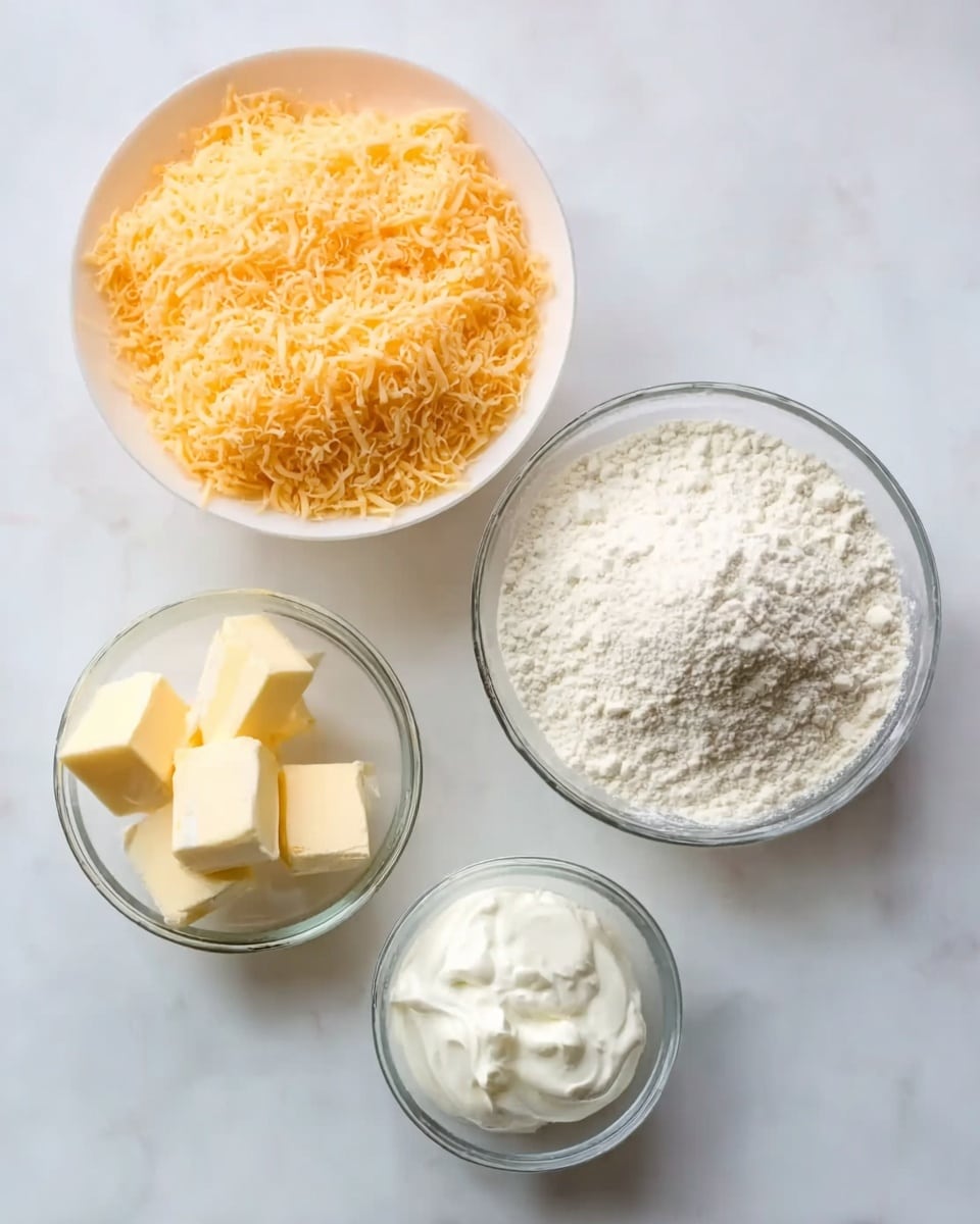 The image shows four small white bowls with different ingredients on a white marbled surface. The largest bowl is filled with finely shredded orange cheese, looking fluffy and soft. To the right of it, a medium bowl holds white flour, smooth and powdery. In front of the cheese and flour bowls are two smaller glass bowls; one contains several small blocks of pale yellow butter with a soft texture, and the other is filled with thick white sour cream. Photo taken with an iphone --ar 4:5 --v 7