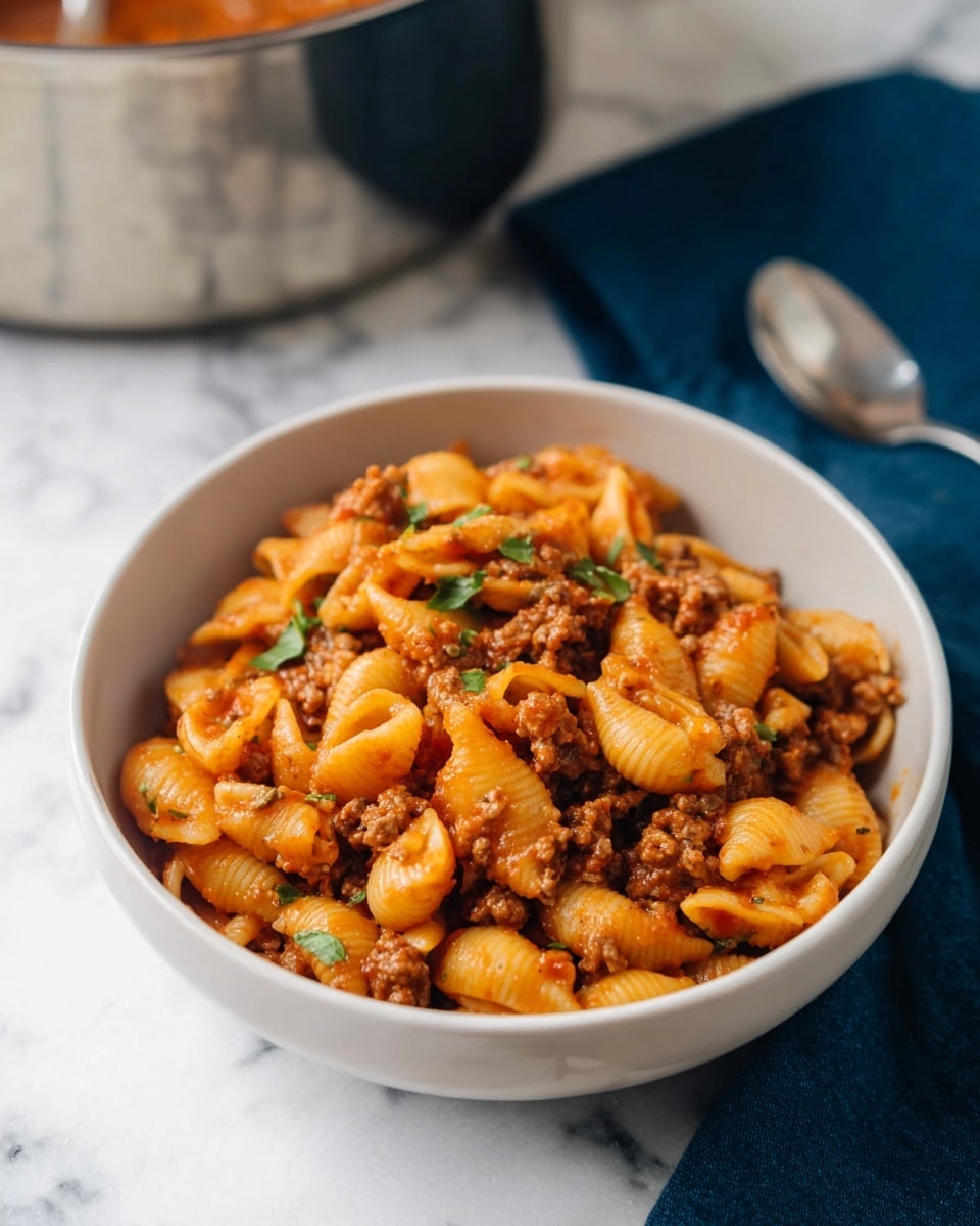 A white bowl is filled with three layers: a base of small shell pasta coated in a reddish-orange sauce, mixed with a layer of brown cooked ground meat scattered evenly throughout, and small pieces of green herbs sprinkled on top. The pasta looks soft with a slightly glossy texture, and the meat adds a chunky contrast to the smoothness of the sauce. The bowl sits on a white marbled surface with a dark blue cloth nearby, and a shiny metal pot is partially visible in the background. photo taken with an iphone --ar 4:5 --v 7