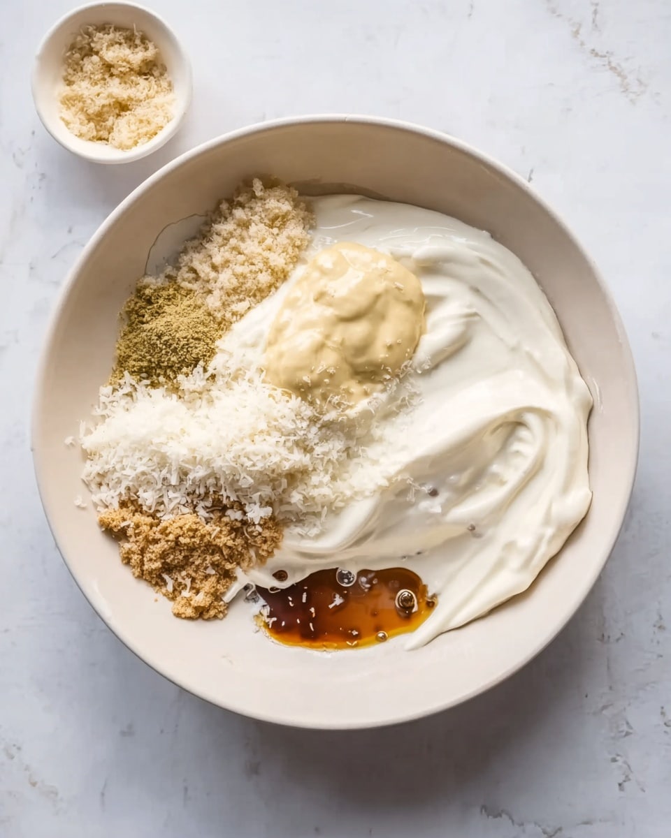 A white bowl sits on a white marbled surface filled with several ingredients ready to mix. The bowl contains a large layer of creamy white yogurt spread across the base, topped on one side by a dollop of pale yellow mustard. Next to the mustard is a heap of off-white grated cheese, sitting beside small, brown, crumbly chunks of an ingredient. There is also a dark brown splash of liquid, likely a sauce or seasoning, pooling near the bottom edge. The colors range from creamy whites and pale yellows to light browns and dark browns, all contrasting softly inside the bowl. Photo taken with an iphone --ar 4:5 --v 7