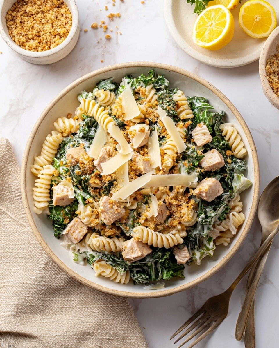 The dish shows a single white plate filled with a layered salad. The bottom layer is dark green kale leaves with a creamy white dressing. On top, there are spiral pasta pieces in a light yellow color mixed evenly. Scattered among the pasta are chunky cubes of light brown cooked chicken. A crumbly golden brown topping is sprinkled over everything, with thin, uneven pale yellow cheese slices spread on the top. The plate sits on a white marbled surface with a beige cloth and fork beside it, lemon slices on a small plate to the side, and part of a white bowl with more crumbly topping visible at the edge. Photo taken with an iphone --ar 4:5 --v 7