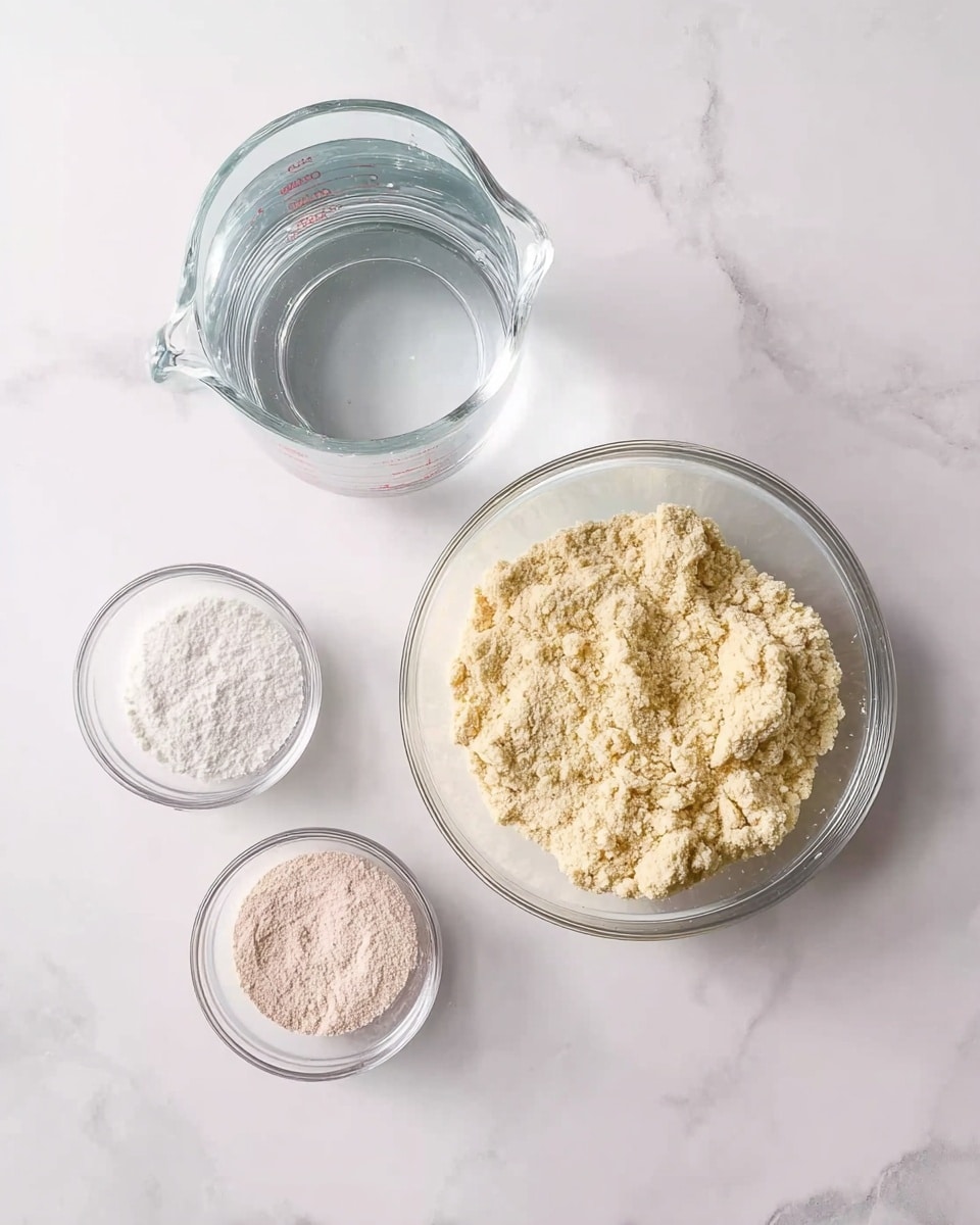The image shows three clear glass bowls and one clear glass measuring jug, all placed on a white marbled surface. The largest bowl on the right is filled with a pale yellow dry mix that looks crumbly. Below it, a small bowl contains a fine white powder, and next to that, another small bowl holds a light pink powder. On the top left, a clear glass measuring jug is filled with water and seen from above, showing its transparent and smooth texture. The scene is simple with soft natural light highlighting the textures and colors. photo taken with an iphone --ar 4:5 --v 7