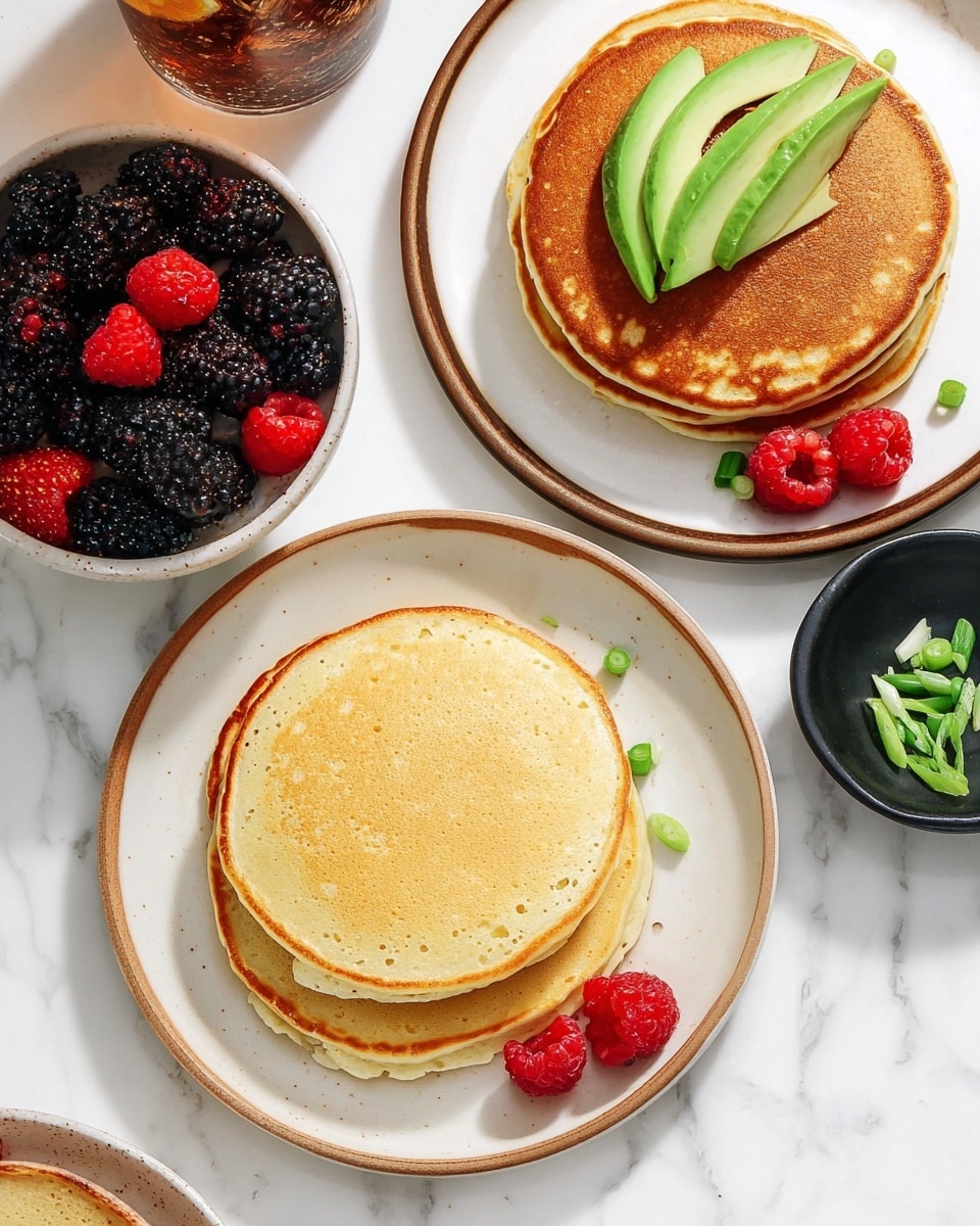 Two stacks of pancakes sit on white plates with a brown rim, placed on a white marbled surface. The top stack has three golden-brown pancakes with a smooth texture, topped with two slices of bright green avocado and small pieces of chopped green onions. The bottom stack has three lighter golden pancakes with a soft texture, accompanied by two red raspberries on the side of the plate. A white bowl filled with a mix of blackberries and raspberries sits to the left, showing a mix of dark purple and red berries. To the right, a small black dish holds chopped green onions. A glass with a dark drink and ice is partially visible on the left side. Photo taken with an iphone --ar 4:5 --v 7