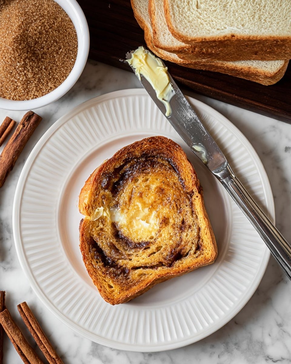 A single slice of toasted cinnamon swirl bread with a golden brown, crispy texture and visible swirls of cinnamon sits on a white plate with ridged edges. The toast has small melted spots of butter peeking through, adding a shiny contrast to its surface. A silver knife with a thick smear of light yellow butter rests at the top right edge of the plate. To the upper right, there are stacked slices of plain bread with a soft, porous texture. Around the plate, there are several cinnamon sticks and a small white bowl filled with brown sugar, placed on a dark wood surface. The entire scene is set on a white marbled background. photo taken with an iphone --ar 4:5 --v 7