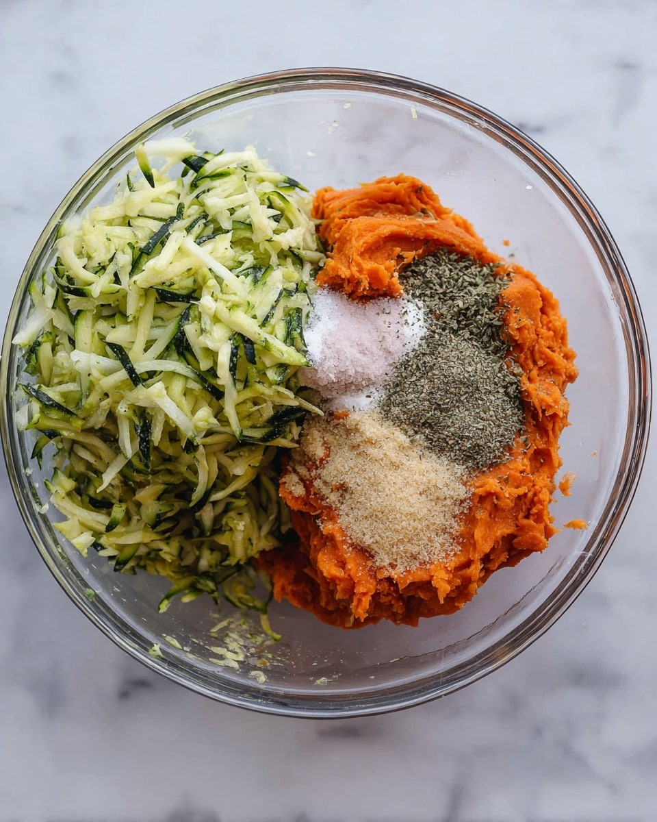 A clear glass bowl sits on a white marbled surface, holding a mixture of ingredients. On the left side of the bowl, there is a pile of shredded green zucchini with a soft texture. On the right side, mashed orange sweet potato forms a smooth, thick layer. On top of the sweet potato, four seasoning layers are added: a white powdery layer, a light pink salt layer, a coarse black pepper layer, and a beige granular layer, all positioned in small separate piles close together. The ingredients are fresh and unmixed. Photo taken with an iphone --ar 4:5 --v 7