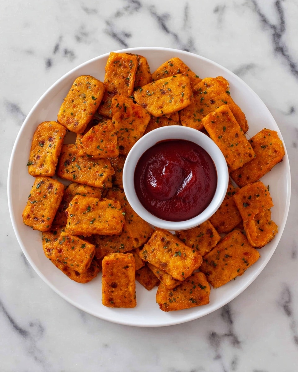 A white round plate is filled with many small, rectangular orange snacks with green specks, lightly browned on some sides, arranged around a small white bowl filled with thick, deep red sauce. The plate sits on a white marbled surface. photo taken with an iphone --ar 4:5 --v 7