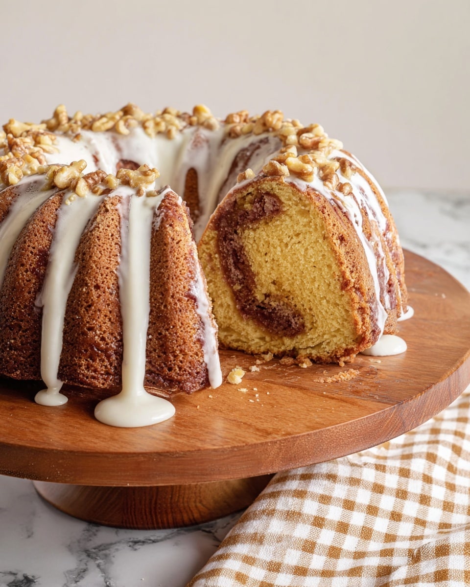 A bundt cake with a golden brown outer layer is sliced to show its soft yellow inside with a dark brown filling in the middle. The cake is drizzled with white icing that flows over the top and sides, pooling slightly on the wooden cake stand below. Small walnut pieces are scattered on top of the cake, adding texture and color contrast. The wooden cake stand sits on a white marbled surface, next to a beige and white checkered cloth. Photo taken with an iphone --ar 4:5 --v 7