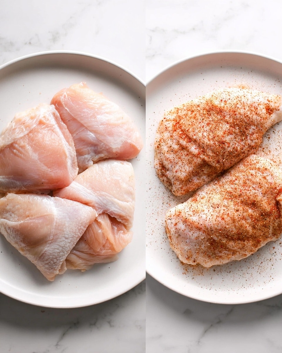 The image shows two white plates on a white marbled surface. The left plate holds three raw pale pink chicken pieces arranged in a triangular shape, showing their smooth and slightly glossy texture. The right plate has the same three chicken pieces, but each piece is lightly covered with a mix of red and black spices, creating a grainy layer with specks of seasoning spread evenly, giving the chicken a dotted reddish-brown coating. Both plates are simple, round, and clean, highlighting the raw poultry. photo taken with an iphone --ar 4:5 --v 7