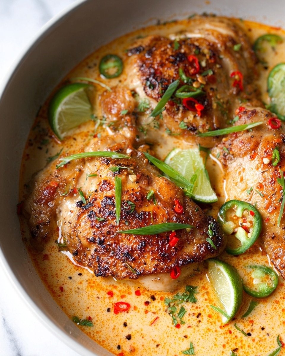 A close-up view of three golden-brown cooked chicken pieces layered in a white bowl, each piece showing a slightly crispy texture with specks of black pepper and red spice flakes. The chicken is partially submerged in a light orange creamy sauce that fills the bowl. Small green slices of chili and thin green herb strips are scattered on top of the chicken, with a few lime wedges placed among the pieces. The white bowl sits on a white marbled surface. Photo taken with an iphone --ar 4:5 --v 7