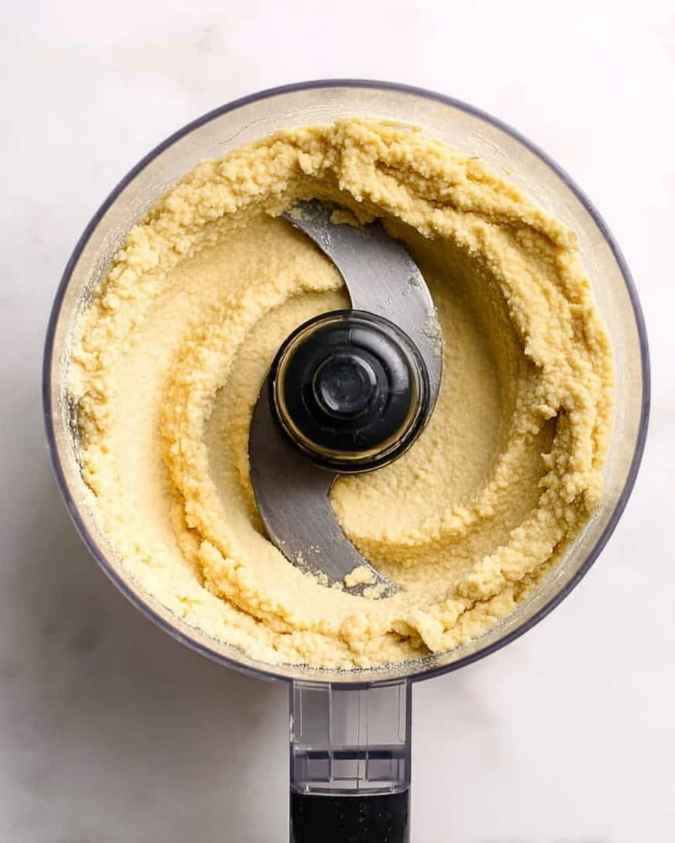 A clear food processor bowl filled with pale yellow, smooth hummus, showing a creamy texture with some slight graininess, evenly spread around the central black blade and spindle in the middle, sitting on a white marbled surface, photo taken with an iphone --ar 4:5 --v 7