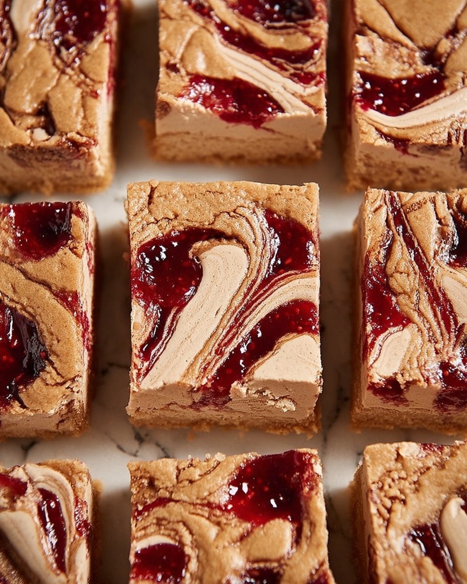 A close-up view of square bars arranged neatly on a white marbled surface. Each bar has two main layers: the top layer is light brown with a cracked texture and swirled lines creating a marbled look, while the lower layer is a lighter beige color. Swirls of bright red jam ripple through the top layer, adding shiny, rich color contrasts. The squares are cut evenly, showing clean edges with jam patterns flowing in different directions on each piece. Photo taken with an iphone --ar 4:5 --v 7