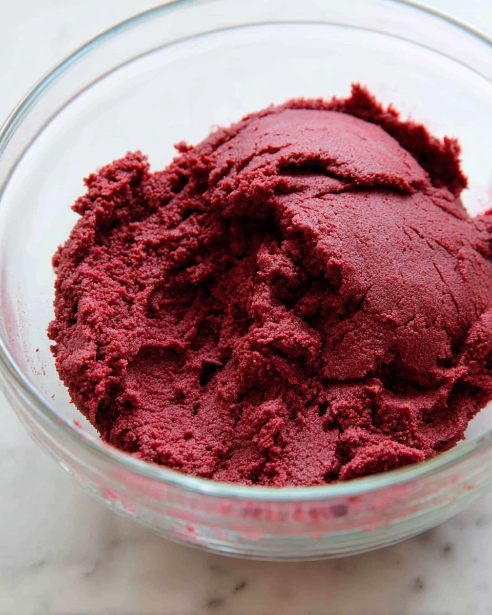 A clear glass bowl filled with a thick, deep red dough that has a rough and slightly crumbly texture, resting on a white marbled surface. The dough fills most of the bowl and is shaped irregularly, showing some cracks and folds on the top layer. The lighting highlights the rich color and dense texture of the dough, giving a close-up view of its detail. photo taken with an iphone --ar 4:5 --v 7