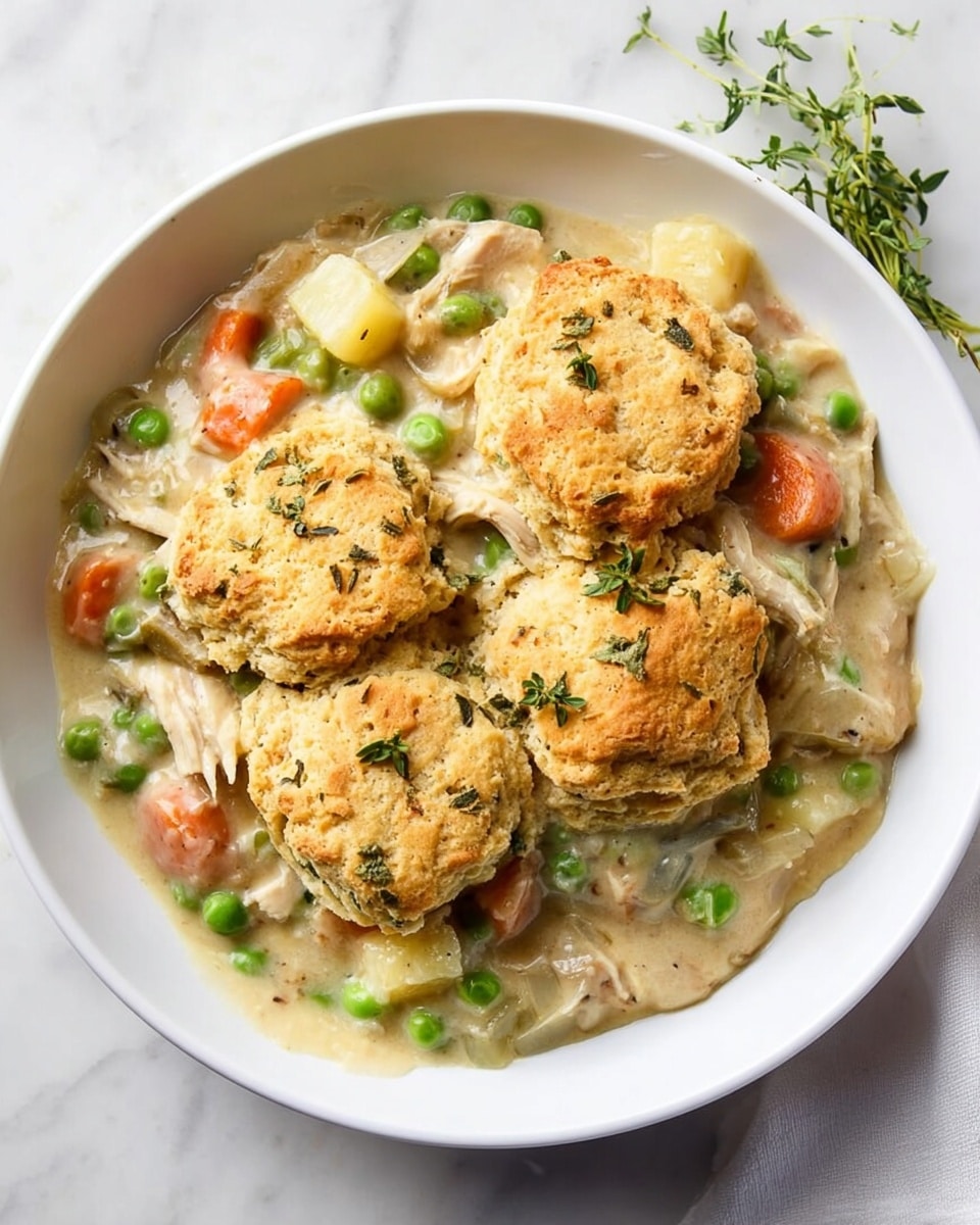 A white bowl on a white marbled surface holds a creamy chicken and vegetable stew with three golden-brown biscuit pieces on top. The stew layer is thick and mixed with chunks of white chicken, bright green peas, orange carrot slices, and small pieces of pale potato, all covered in a light, smooth sauce with herbs. The three biscuits have a rough, crumbly texture with a slightly shiny top and are sprinkled with green herbs. A small green herb sprig is placed on the edge of the bowl. photo taken with an iphone --ar 4:5 --v 7