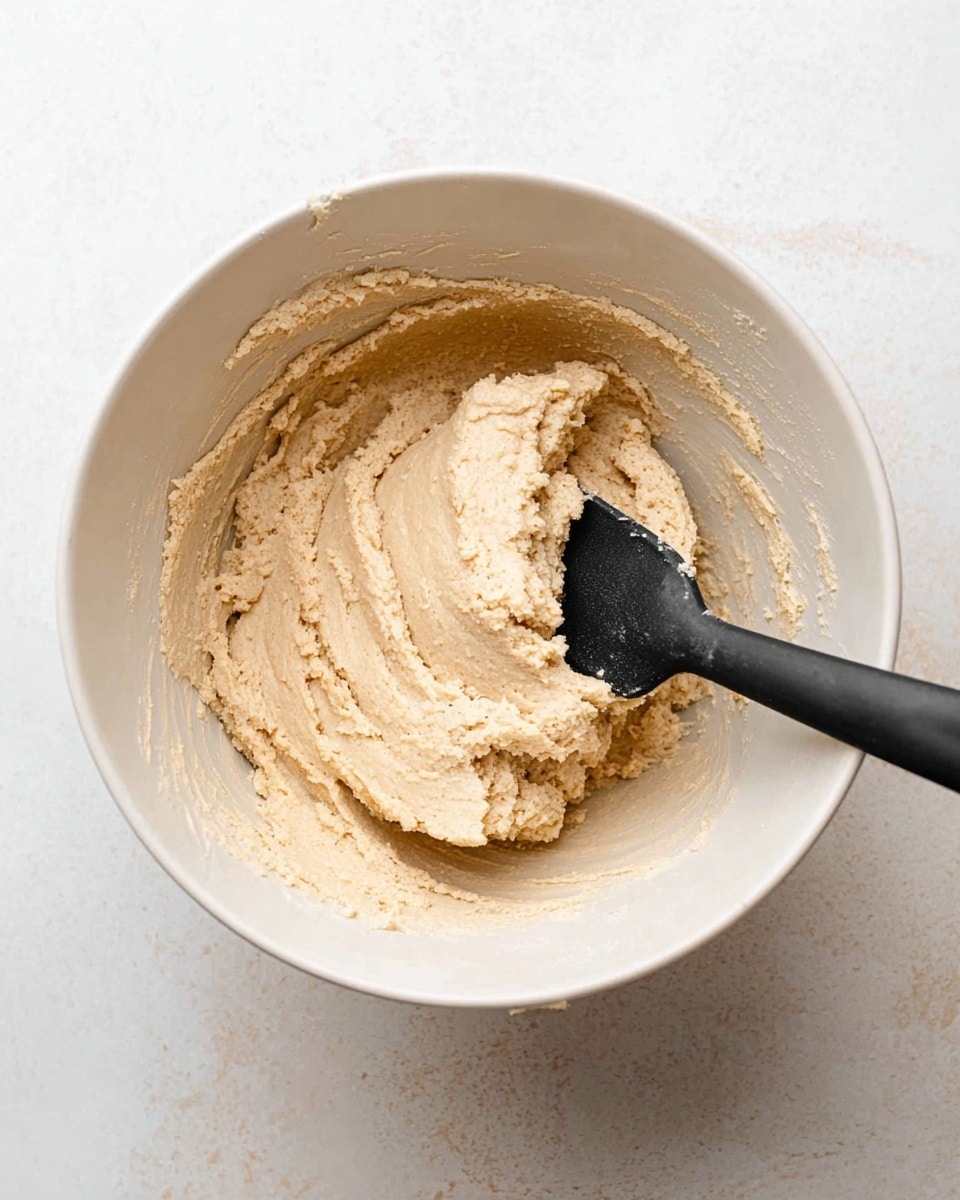 A white mixing bowl filled with a single thick layer of light beige dough with a smooth but slightly crumbly texture evenly spread inside. A black spatula rests inside the bowl, scooping some dough on its edge. The bowl sits on a white marbled surface. Photo taken with an iphone --ar 4:5 --v 7