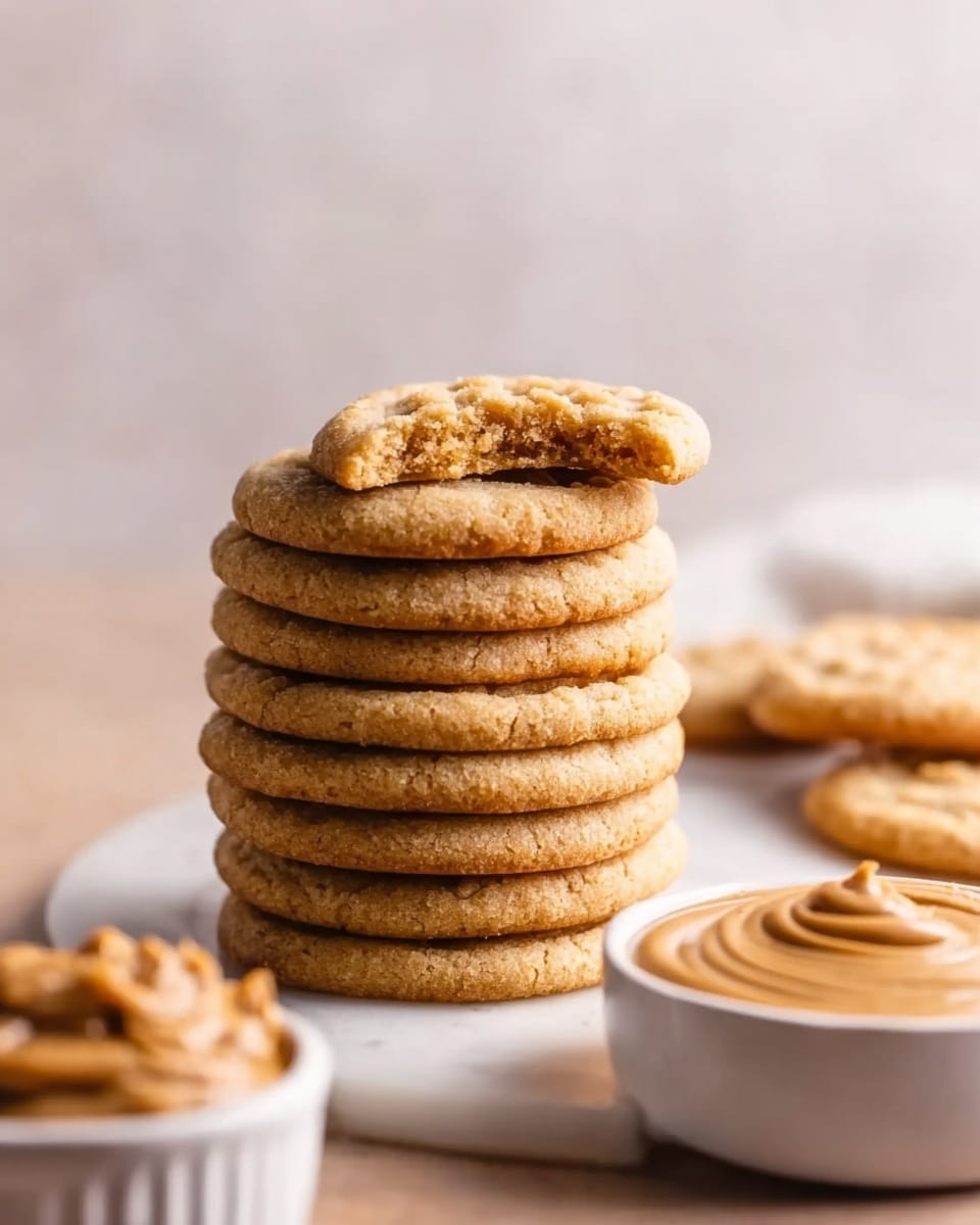 A tall stack of eight round, golden-brown cookies with a rough, slightly crumbly texture is placed on a white marbled surface. The top cookie is broken in half, showing its soft and slightly chewy inside with small bits inside. To the right, there is a small white bowl filled with a smooth, light brown creamy spread, topped with a swirl of a slightly darker spread. In the front left corner, part of another white bowl filled with a chunky light brown spread is visible. A woman's hand reaches toward the bowl in the background. The background is softly blurred with a light neutral color. photo taken with an iphone --ar 4:5 --v 7