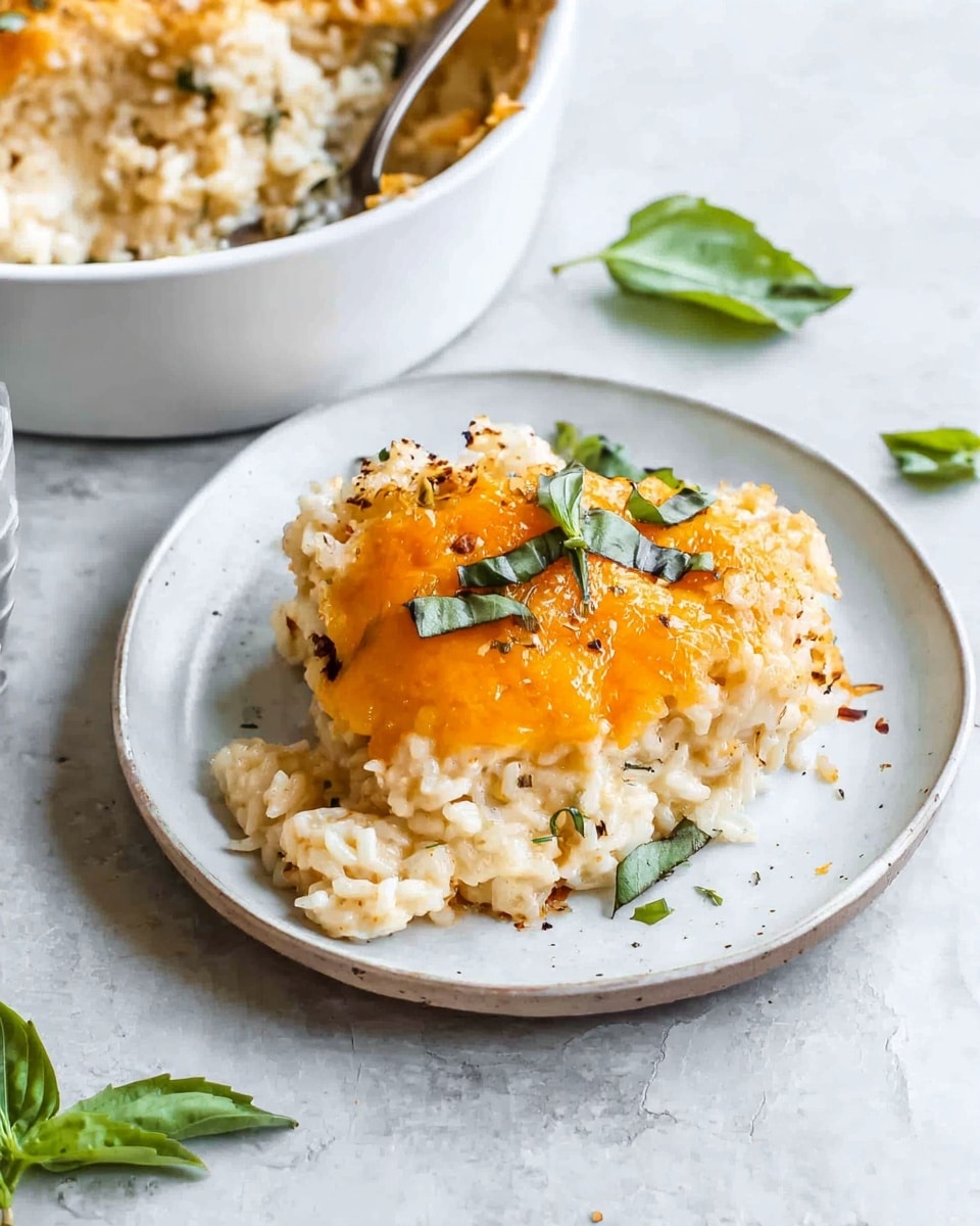 The image shows a portion of cheesy baked rice casserole served on a white plate placed on a white marbled surface. The dish has three visible layers: a base layer of creamy white rice mixed with cheese and tiny browned spots throughout, topped by a smooth, melted layer of orange-yellow cheese with a slightly shiny texture. Fresh small green basil leaves are scattered on top, adding contrast and freshness. In the top part of the image, there is a white bowl partially visible with more of the casserole inside, showing a mixture of creamy rice and melted cheese with browned edges. The scene is well lit with natural light and has a clean, simple background featuring some loose green basil leaves around the plate. Photo taken with an iphone --ar 4:5 --v 7