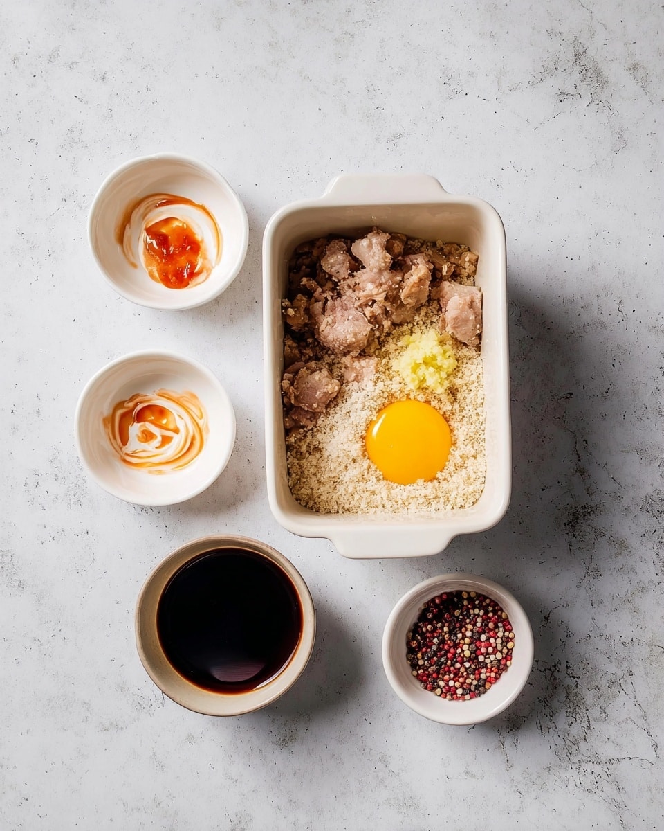 In the center is a white rectangular dish holding a mix of ingredients arranged in layers: light beige breadcrumbs spread evenly, chunks of light brown meat scattered on top, a bright yellow egg yolk resting near the upper right corner, and a small heap of minced pale yellow garlic in the middle. Surrounding the dish, on a white marbled surface, are three small round white bowls; the top left bowl contains a mix of orange-red sauce and swirls of white mayonnaise, the top right bowl holds a dark thick liquid resembling soy sauce, and the bottom right bowl has coarse pink and black peppercorns. photo taken with an iphone --ar 4:5 --v 7