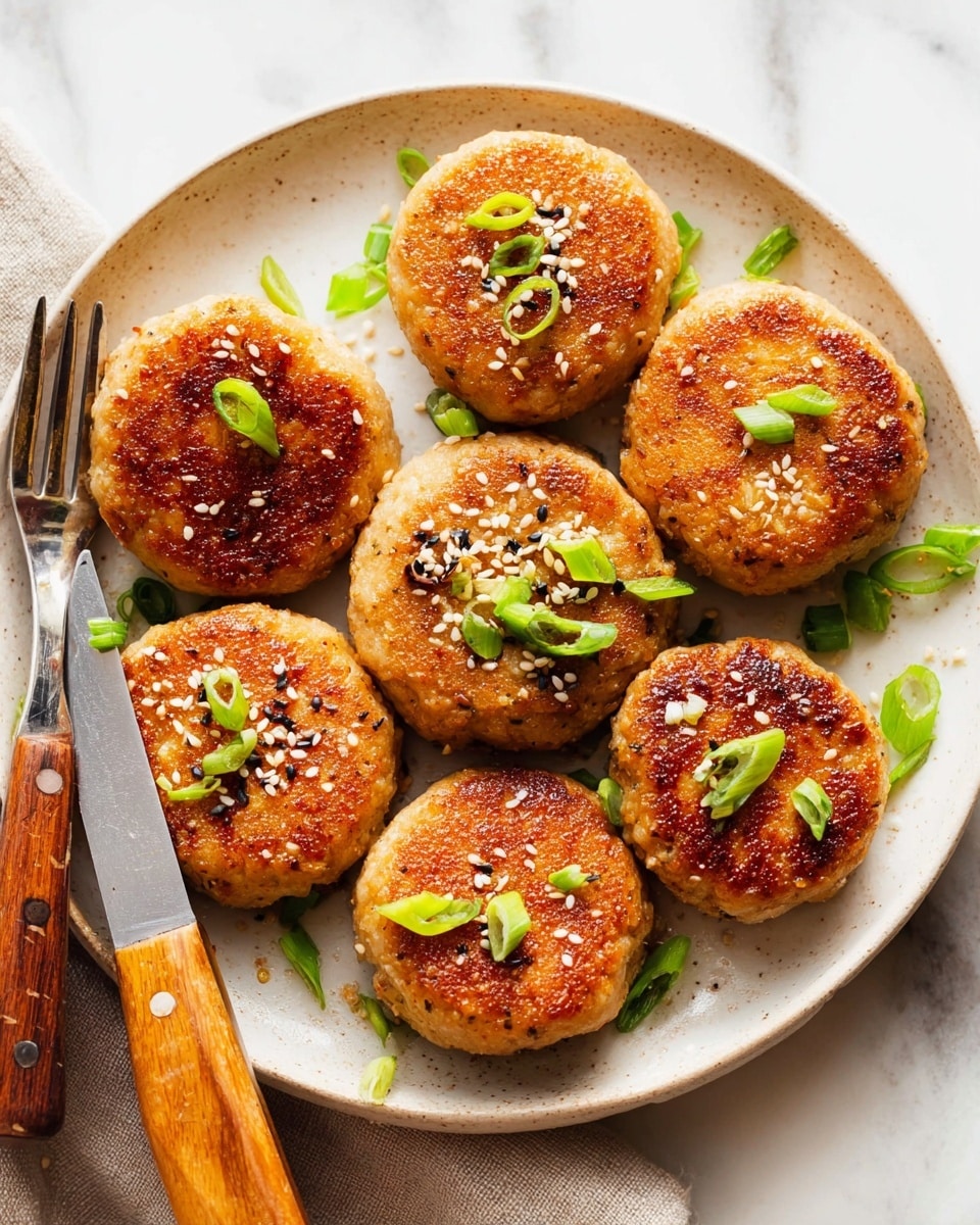 A white round plate holds six round, golden-brown patties with a lightly crispy texture on top. Each patty is sprinkled with small white sesame seeds and some pieces of bright green chopped scallions resting mostly on top but also around the plate. The plate is placed on a white marbled surface, and to the left, there is a fork and a knife with wooden handles. The lighting highlights the warm, crispy surface of the patties and the fresh green of the scallions. photo taken with an iphone --ar 4:5 --v 7
