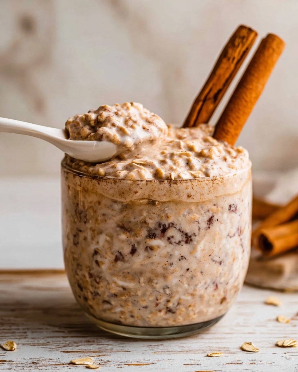 A clear round glass filled with a thick, creamy oatmeal dish that has a light brown color with visible darker specks throughout, showing a textured and slightly chunky mix of oats and spices. The oatmeal is heaped over the rim, with a white ceramic spoon scooping a portion out from the front, highlighting the creamy and textured surface. Two cinnamon sticks are placed upright inside the glass, adding a warm, spicy visual contrast. The glass sits on a rustic white wooden surface, and a white marbled texture is visible in the background. Photo taken with an iphone --ar 4:5 --v 7