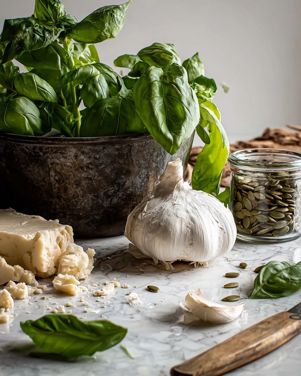 The image shows a rustic cooking scene on a white marbled surface. At the back, there is an old dark metal bowl filled with fresh bright green basil leaves with smooth textures and varied leaf sizes. In front of the bowl, there is a large white garlic bulb with some of its papery skin pulled back, revealing smooth white cloves beneath. To the left, there is a chunk of crumbly pale yellow cheese with small broken pieces scattered nearby. On the right side, there is a small clear glass jar filled with pumpkin seeds, and a knife with a light wooden handle lies in the foreground. A few loose basil leaves are also scattered on the surface. Photo taken with an iphone --ar 4:5 --v 7
