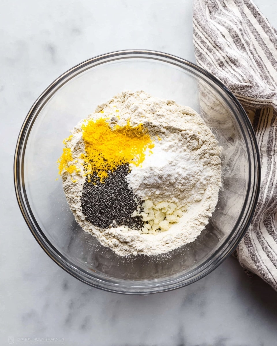 In a clear glass bowl on a white marbled surface, there are five main layers of dry ingredients. The base layer is a large mound of off-white flour that covers the bottom. On top of the flour are scattered black poppy seeds forming a dark patch on one side. Next to the poppy seeds is a small pile of bright yellow lemon zest adding a vibrant contrast. There are also a few white powdery clumps, likely baking soda or powder, placed near the flour. A soft, folded striped kitchen towel is placed to the top right side of the bowl. photo taken with an iphone --ar 4:5 --v 7