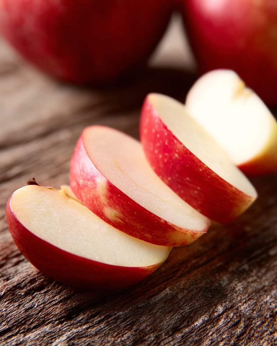 The image shows four apple slices arranged in a row on a rough wooden surface, with the red skin on the outside and the pale white inside flesh visible. The slices have a smooth texture with a slight shine, highlighting freshness, and the apples in the background show the same bright red color. The focus is close-up, showing the detail of the apple skin and soft inside. photo taken with an iphone --ar 4:5 --v 7