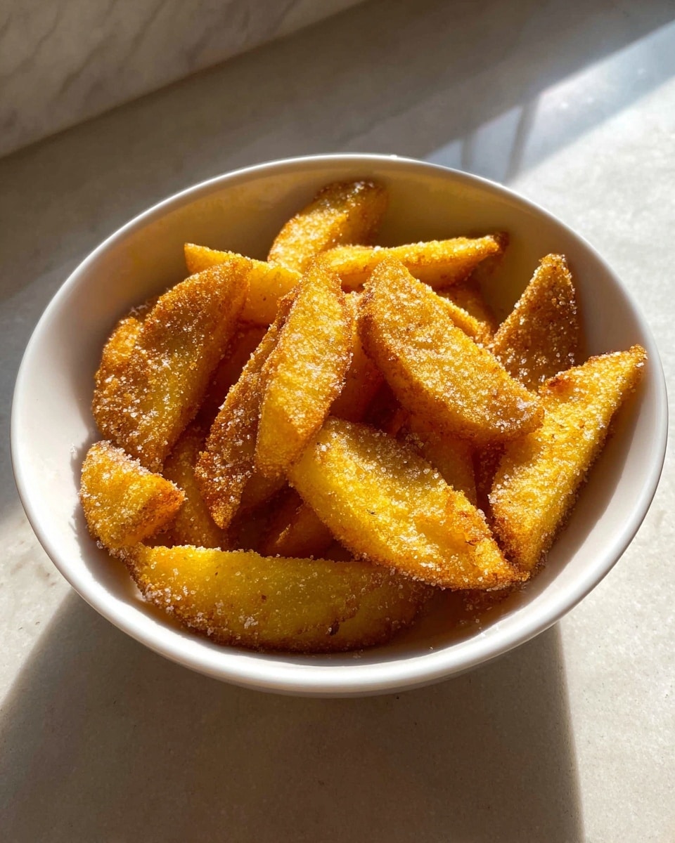 A white bowl filled with golden yellow fried pieces, each shaped like thick wedges covered lightly in a grainy coating that looks like sugar or crumbs. The wedges show crispy, slightly darker edges with a warm, inviting texture. The bowl sits on a white marbled surface with soft sunlight creating gentle shadows, highlighting the crunchy texture of the wedges. photo taken with an iphone --ar 4:5 --v 7