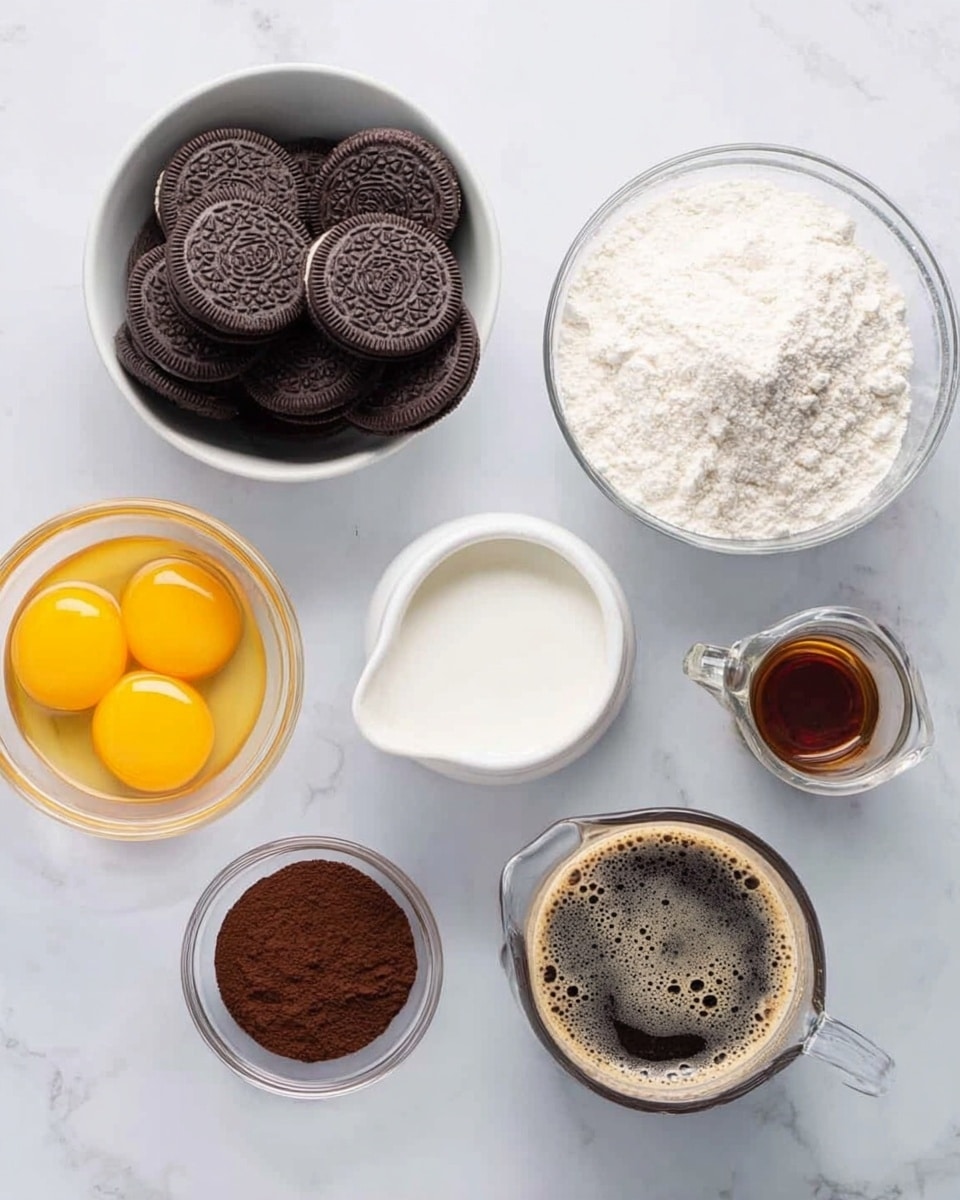 The image shows seven small clear glass bowls with different ingredients, placed on a white marbled surface. In the top left, a white bowl holds multiple round dark chocolate sandwich cookies stacked tightly. To its right, a clear bowl is filled with white flour, and next to it on the right, there is a small glass jug with white cream. Below them, in the center, a small glass bowl contains white sugar. At the bottom left, a glass bowl holds two raw yellow egg yolks. Next to it, a tiny glass bowl with light brown vanilla extract is placed, and on the bottom right, a small glass bowl contains dark brown cocoa powder. Lastly, to the far right, a clear glass jug contains a dark brown liquid topped with bubbles, likely coffee. The setup is neat and well spaced across the surface. photo taken with an iphone --ar 4:5 --v 7