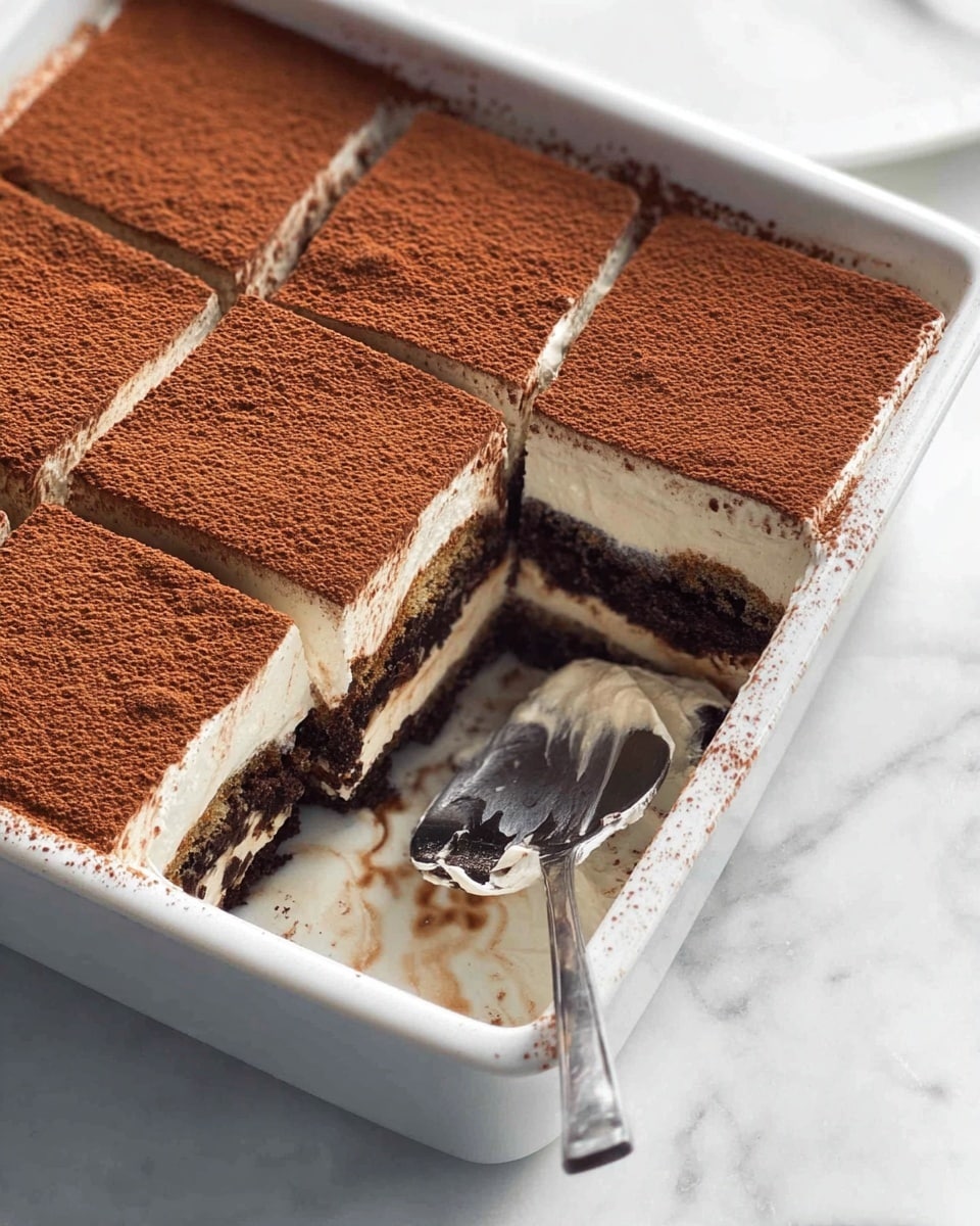 A white rectangular dish holds a layered dessert with six square pieces, with one piece missing in the corner. The dessert has multiple layers: the bottom and middle layers are dark brown, crumbly chocolate, followed by creamy off-white layers between them. The top layer is covered evenly with fine brown cocoa powder. A metal spoon with cream and chocolate smears is resting in the empty corner of the dish on a white marbled surface. photo taken with an iphone --ar 4:5 --v 7