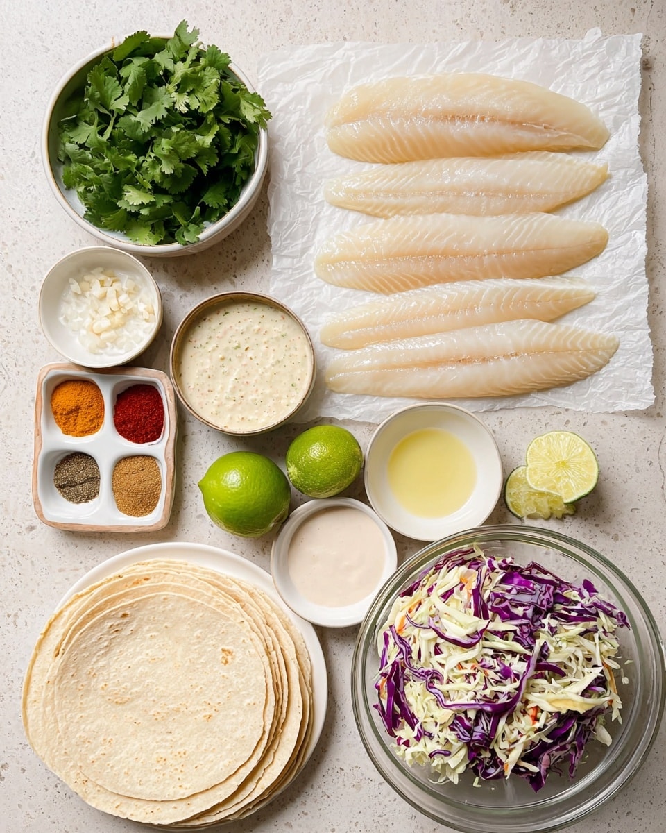 The image shows ingredients for making fish tacos arranged neatly on a white marbled surface. At the top right, there are five raw pale fish fillets laid out on white crumpled paper, showing a smooth and slightly shiny texture. To the left of the fish, a white bowl is filled with fresh green cilantro leaves. Below the cilantro, a halved lime is placed beside a small white plate holding seven colorful spices arranged in neat sections, including red, yellow, brown, and green shades. Below this, another small white plate contains minced garlic and coarse salt. Next to it is another halved lime, a small white bowl with a light pink creamy sauce, and a clear glass bowl filled with a mix of shredded cabbage in white, purple, and bits of orange carrot. At the bottom left, there is a stack of light beige tortillas on a white plate. On the right side near the fish, two small white bowls contain lemon juice and a mix of black pepper and salt. The ingredients are bright and evenly spaced, with natural light highlighting their fresh textures photo taken with an iphone --ar 4:5 --v 7