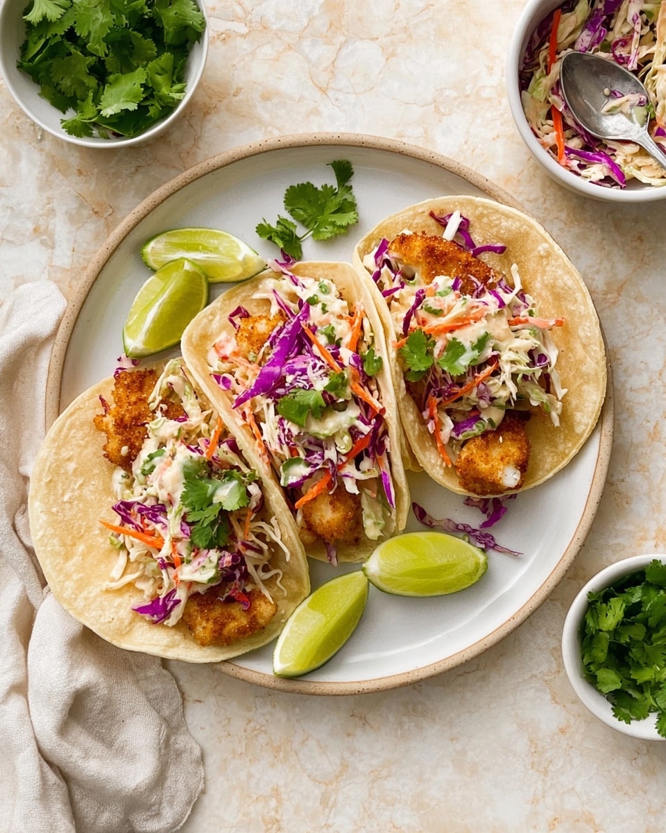 Three tacos are placed on a white plate over a white marbled surface. Each taco has a soft, light beige tortilla as the base, filled with crispy golden-brown fish pieces that have a slightly rough texture. On top of the fish is a colorful slaw made of shredded white and purple cabbage, thin orange carrot strips, and green herbs mixed with a creamy dressing. Fresh green cilantro leaves are scattered both inside the tacos and around the plate. Lime wedges are placed on the plate edges and inside one taco, adding a bright green accent. Nearby are small white bowls, one with more fresh cilantro and one with extra slaw and a spoon. Photo taken with an iphone --ar 4:5 --v 7