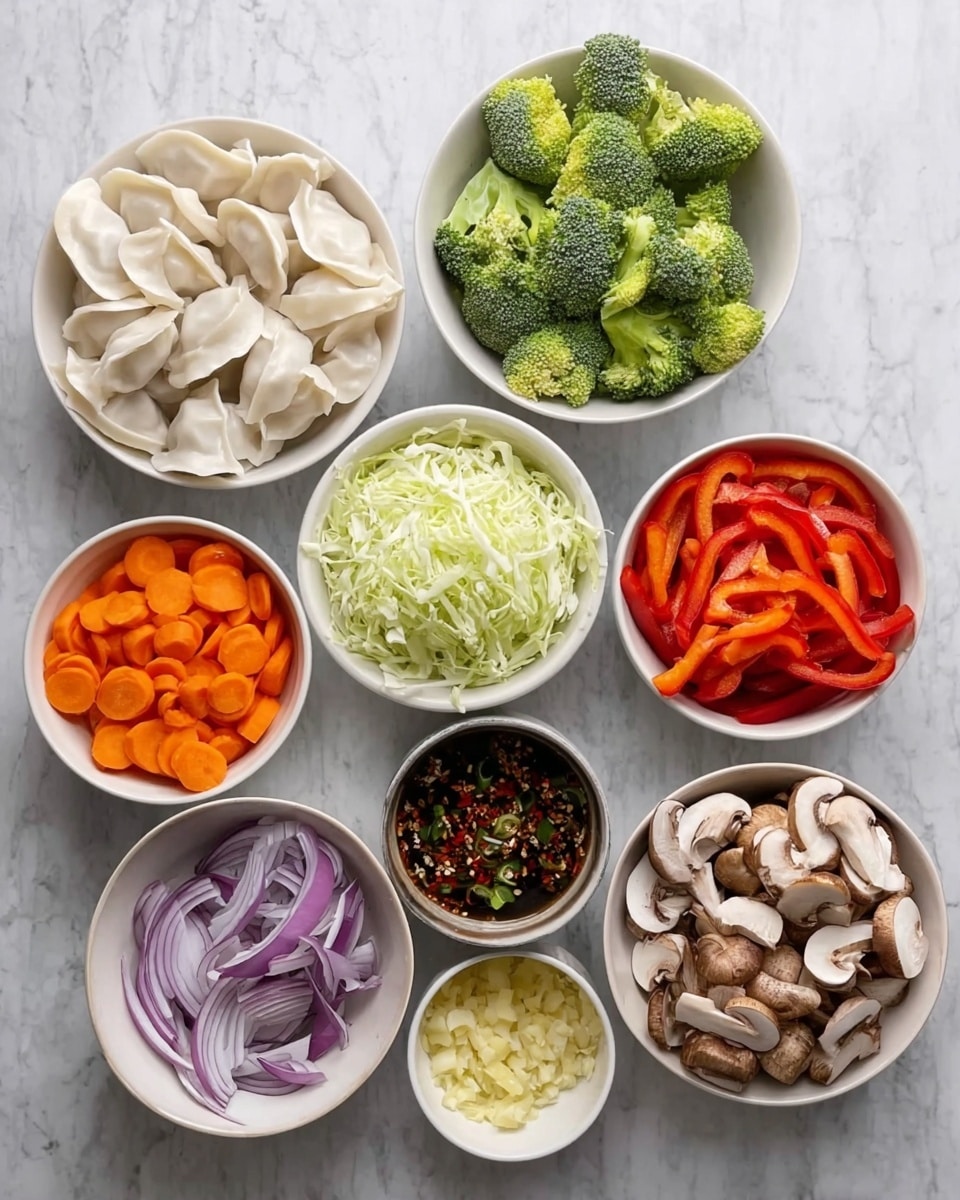 The image shows nine white bowls arranged on a white marble surface, each filled with different fresh ingredients. In the center is a bowl full of uncooked dumplings, white and folded. At the top center is a bowl of bright green broccoli florets. To the top right is a bowl of red sliced bell peppers, thin and shiny. To the middle right is a bowl of shredded pale green cabbage. At the bottom right is a small bowl with dark sauce, showing bits of red chili and green herbs. At the bottom center is a bowl of sliced brown mushrooms with light gills. To the bottom left is a bowl with thinly sliced purple onion rings. To the middle left is a small bowl with light yellow minced garlic. To the top left is a bowl of sliced bright orange carrots, round and smooth. Photo taken with an iphone --ar 4:5 --v 7