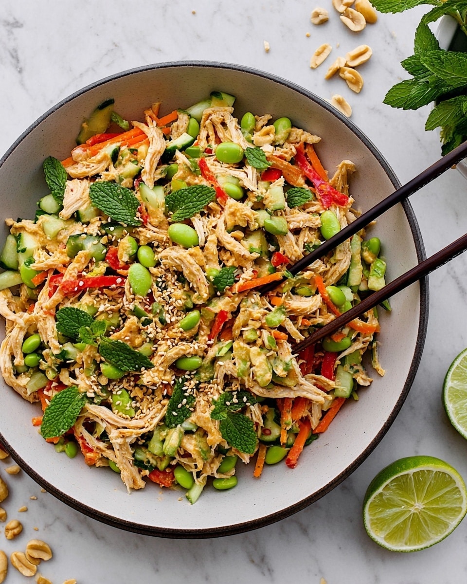 A round white plate holds a colorful layered salad consisting of shredded light brown cooked chicken mixed with bright green edamame beans, small chopped green cucumber pieces, and red bell pepper chunks. Thin strips of orange carrot are scattered throughout, along with fresh green mint and cilantro leaves for garnish. The salad is topped with crushed light brown peanuts and small white sesame seeds that add texture. A pair of chopsticks rest on top, lifting some of the salad. The plate sits on a white marbled surface with a sliced lime and some scattered peanuts around it. photo taken with an iphone --ar 4:5 --v 7