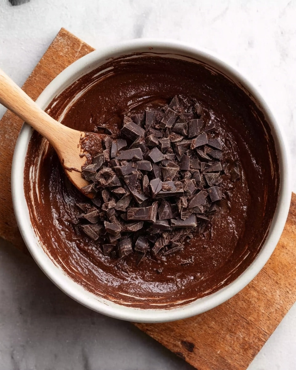 A white bowl filled with thick dark brown chocolate batter is shown from above. The batter has a smooth and slightly lumpy texture, with a large pile of chopped dark chocolate pieces in the center. A wooden spatula rests inside the bowl, stirring the mixture. The bowl is placed on a white marbled surface with a wooden block partly visible beside it. Photo taken with an iphone --ar 4:5 --v 7