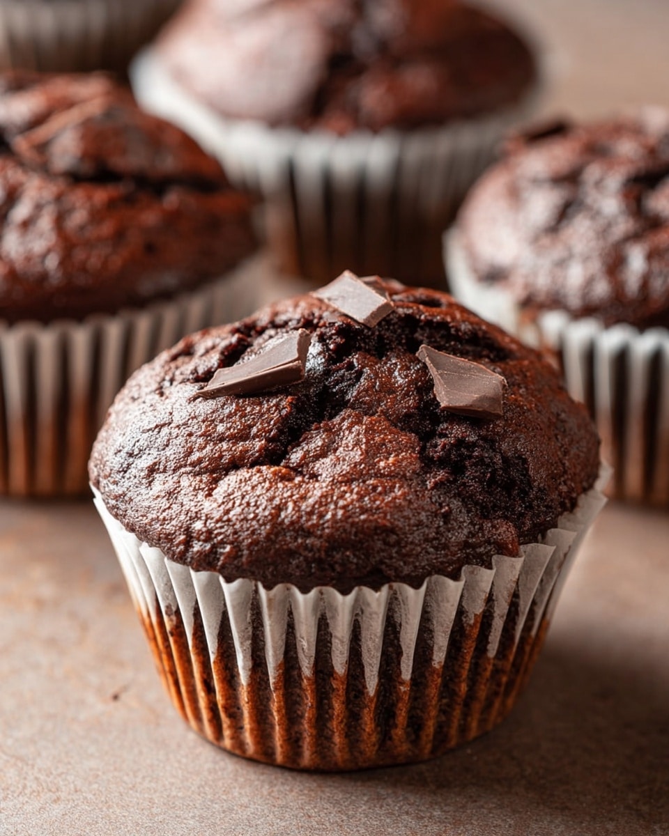 The image shows a close-up of a rich dark brown chocolate muffin with a soft, slightly cracked top, decorated with a few pieces of chocolate chunks resting on the surface. The muffin is wrapped in a white paper liner with vertical ridges. Around it, more similar chocolate muffins are slightly blurred in the background. The muffins sit on a smooth light brown surface, with the focus on the central muffin showing its detailed texture clearly. photo taken with an iphone --ar 4:5 --v 7